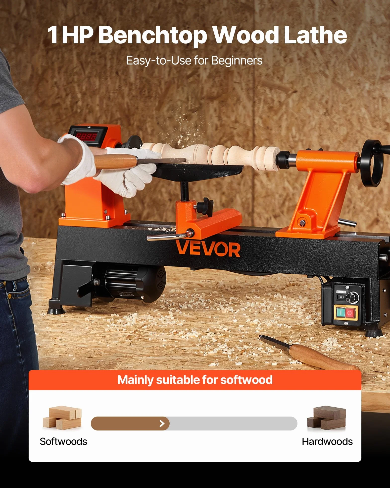 VEVOR Tornio per Legno, 1 CV, Tornio da Banco per Legno con Velocità Variabile da 0 a 3800 giri/min, Banco da Lavoro da 304 x 465 mm, Motore DC Senza Spazzole, Costruzione in Ghisa
