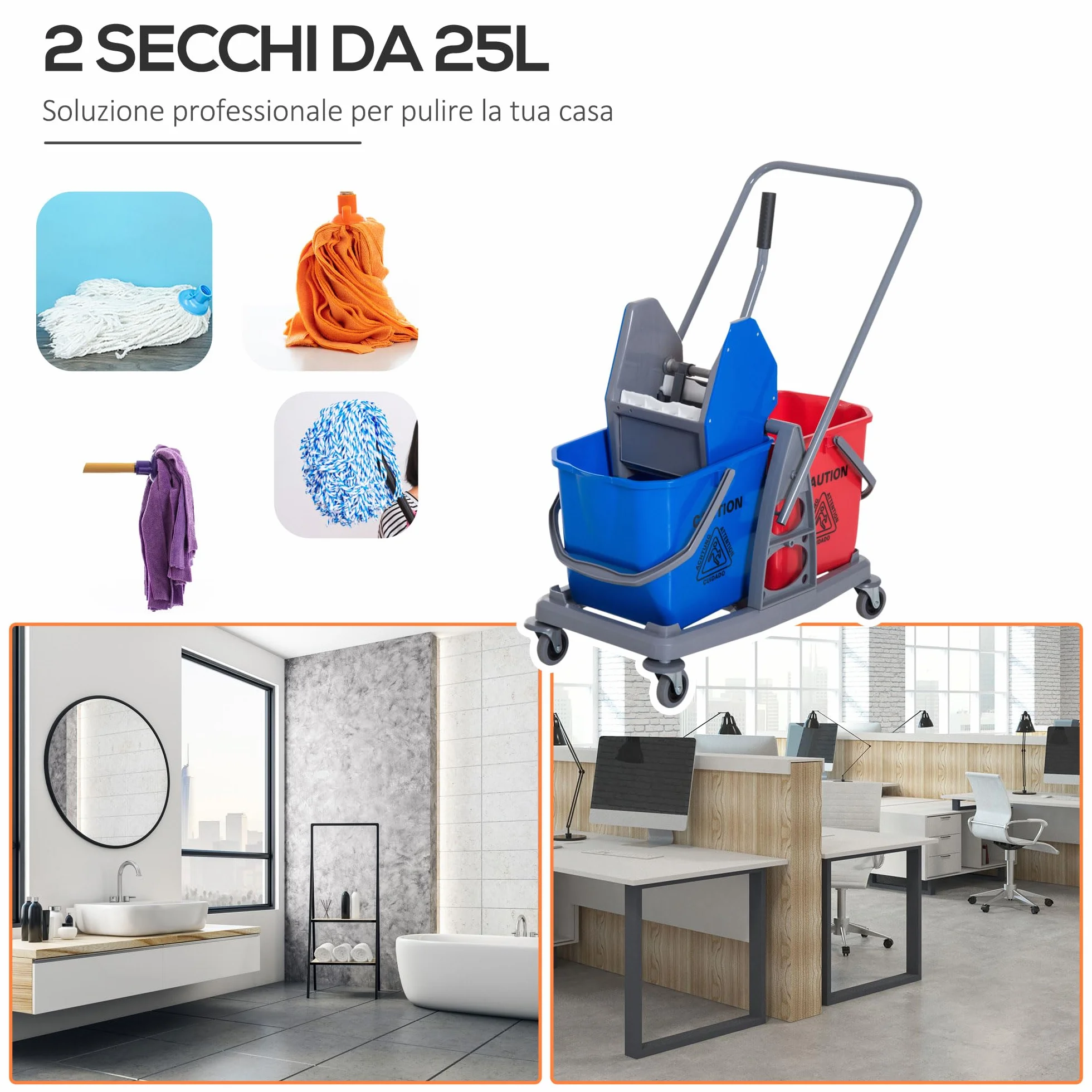 HOMCOM Carrello delle Pulizie 2 Secchi 25L Strizzatore 73×45×92cm
