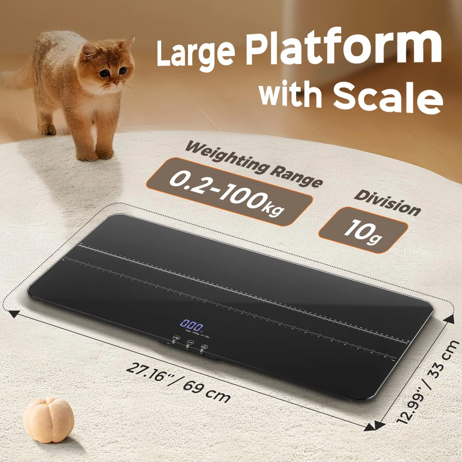 Bonvoisin Bilancia Digitale per Animali Domestici 100kg, Bilanza per Cani e Gatti Precisione 10g, 3 Modalità, Tappetino 68x33 cm, Display LCD, Funzione Hold, Ricarica USB-C