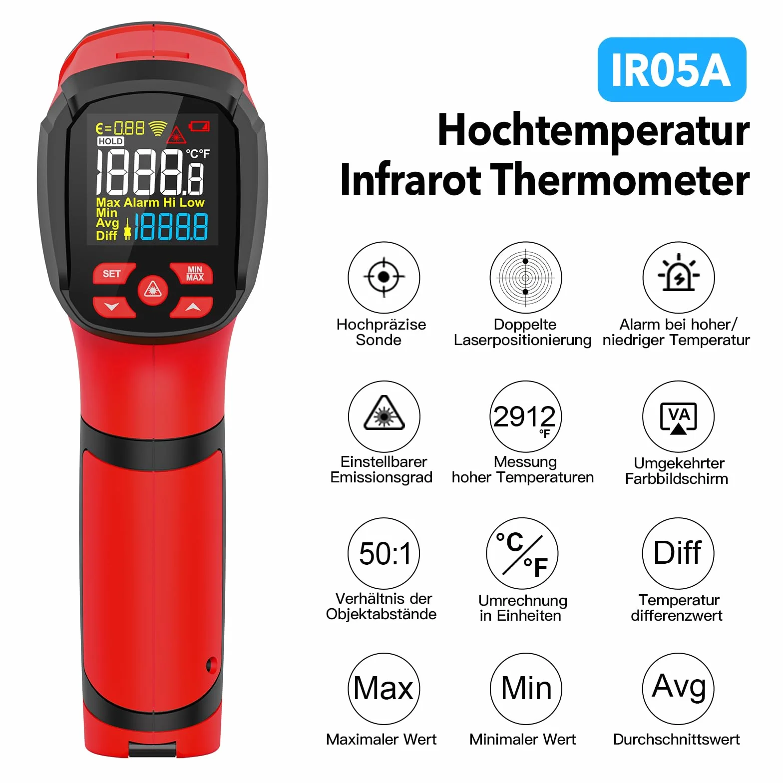Termometro a Infrarossi MESTEK Digitale Laser -40°C~1600°C con K-Probe Senza Contatto LCD