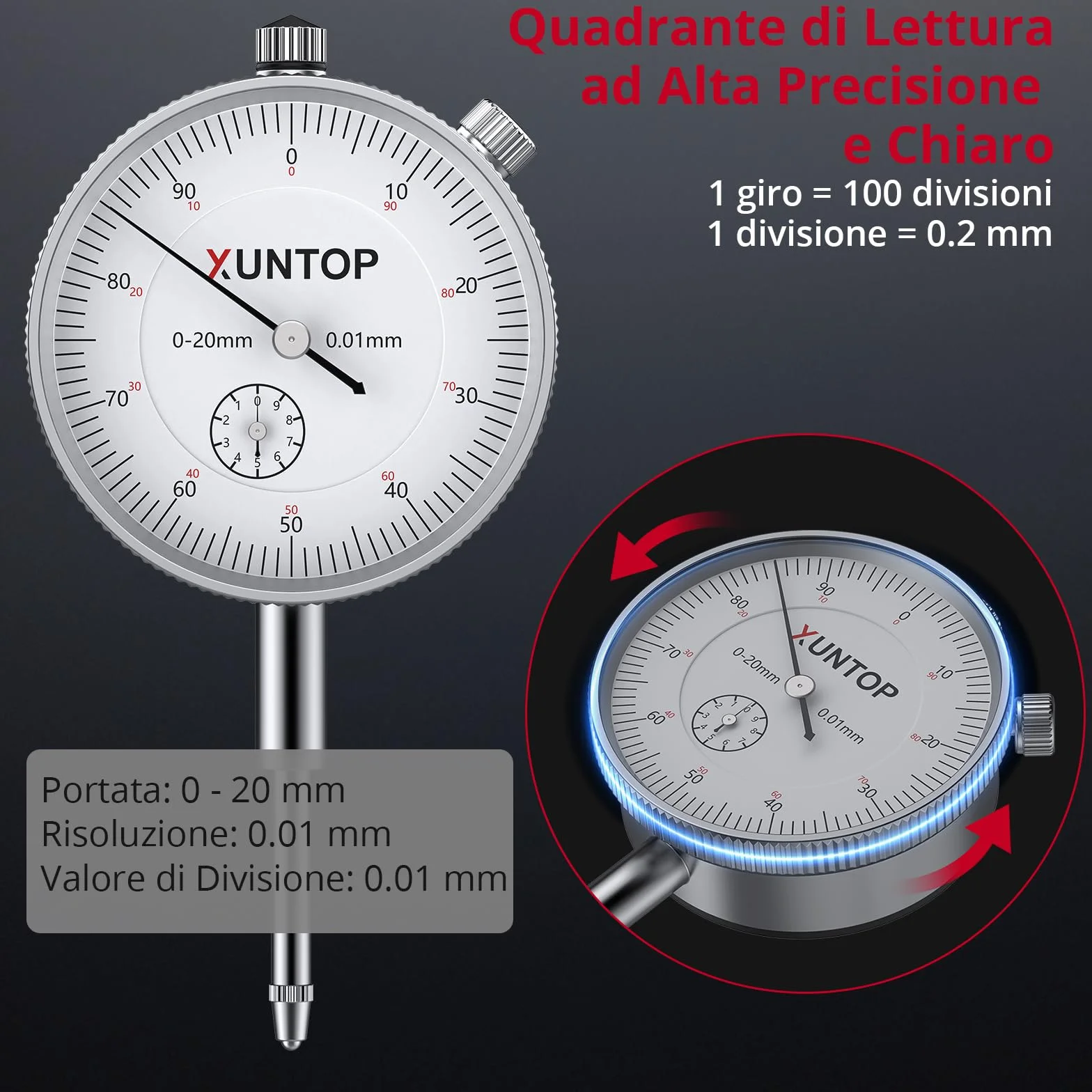 XUNTOP Comparatore Centesimale Meccanico 0-20mm + Base Magnetica Multidirezionale 60KG Misurazione Precisione 0.01mm Set Professionale con Comparatore Test DTI per Tornio, Stampante 3D, CNC, Auto