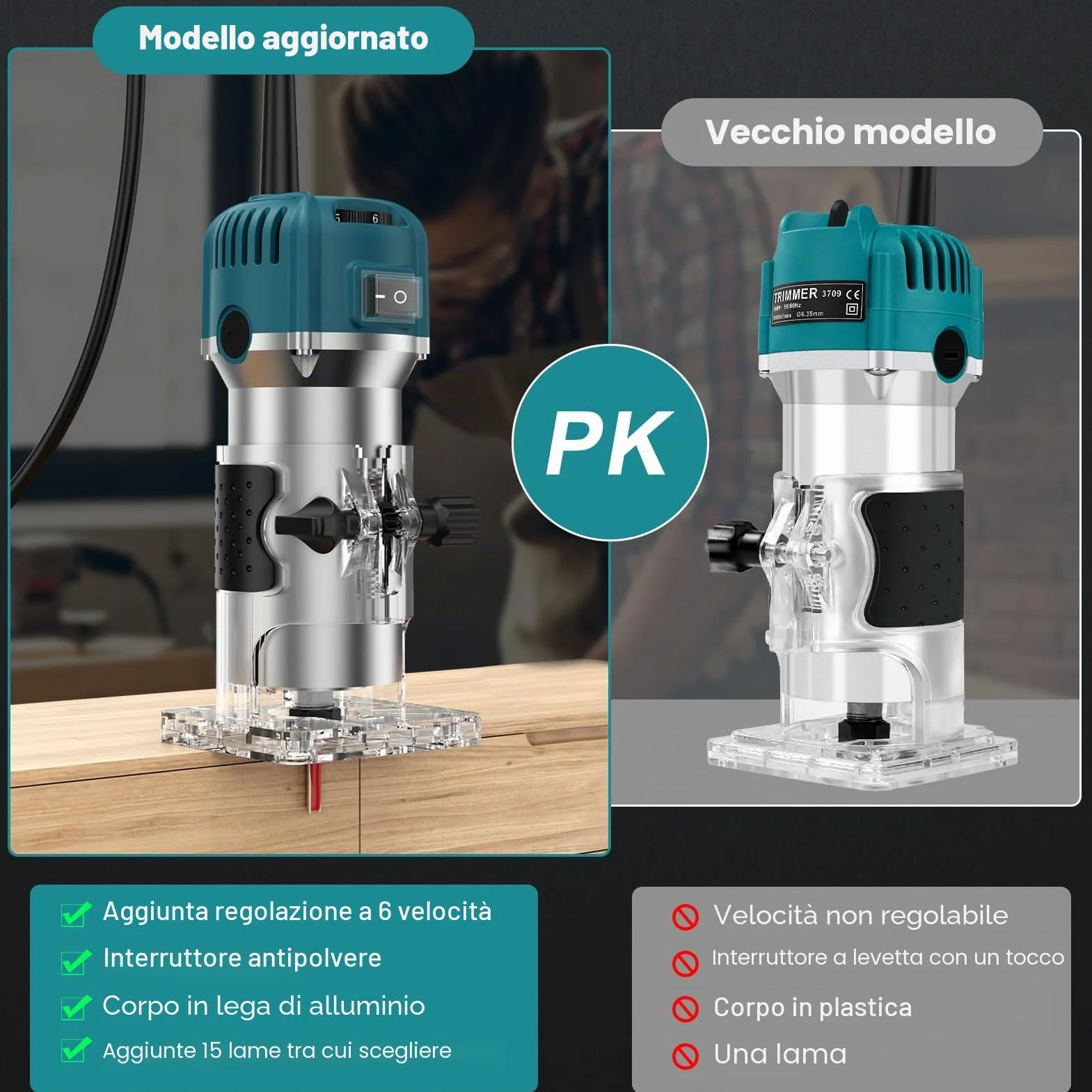 Pantografo per legno, Motosega Compatta 220V 800W 30000 RPM con 6 Velocità Regolabili per Intaglio e Rifilatura Bordi, Lavori di Precisione