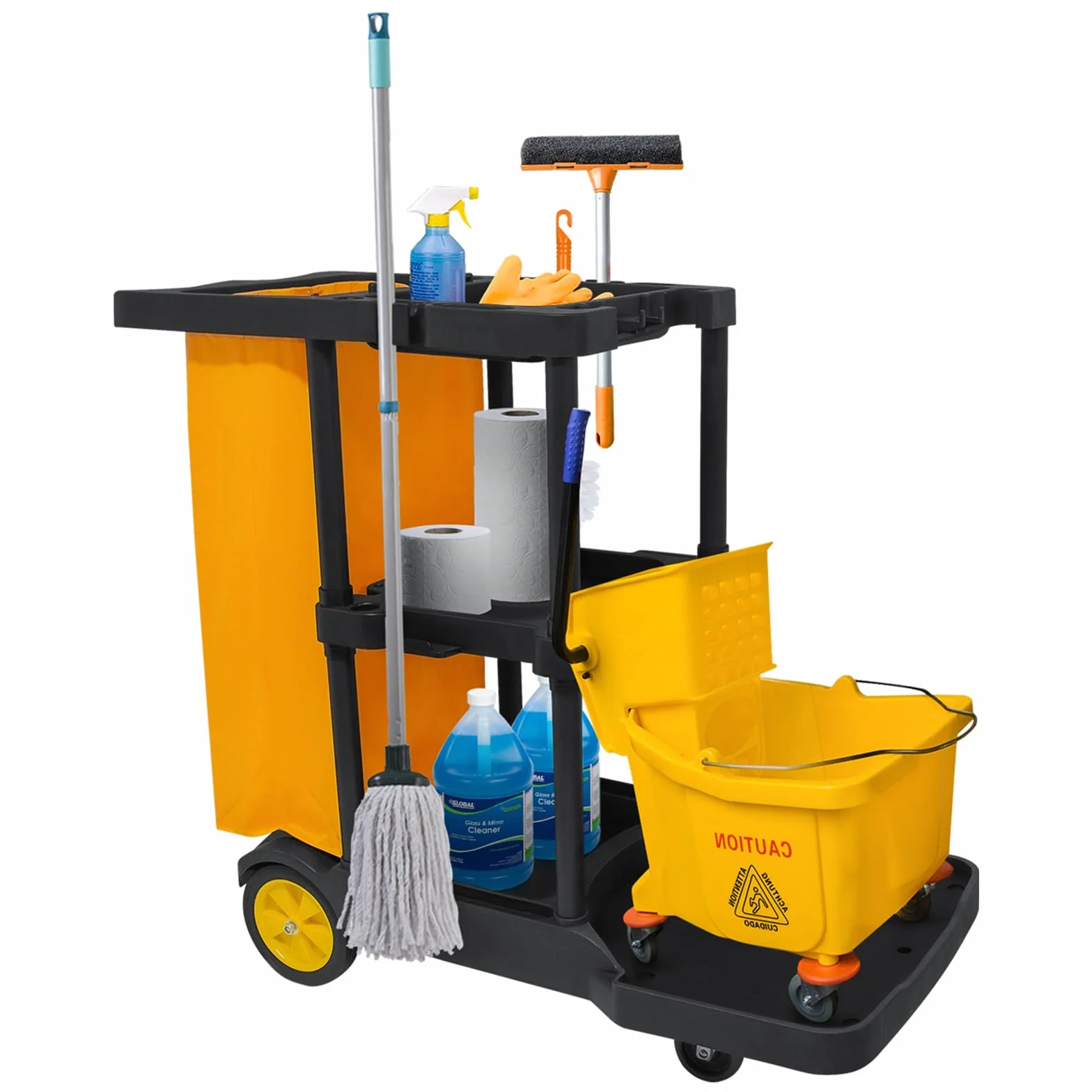 Bimiti Carrello per la pulizia professionale 113x56x93 cm 3 ripiani sacco da 65 L giallo nero