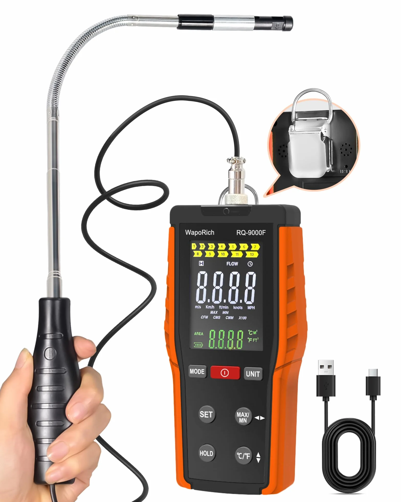 WapoRich RQ-9000F Anemometro a Filo Caldo Portatile, 0,1-30 m/s, 0-999.900 CFM/CMM/CMS, Display MAX/MIN per Condotti HVAC