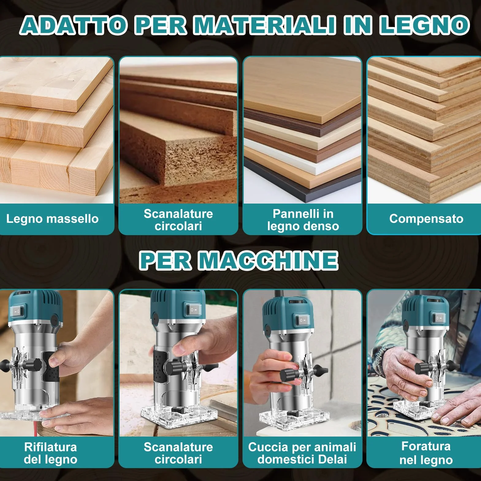 Rifilatore Fresatrice Verticale per legno, 800W 28000RPM Legno Rifilatrice Elettrica, 6.35mm Mandrino 6 Velocità Variabili Elettrica Fresatrice Palmare Con 15 pezzi 1/4" Fresatura Cuter
