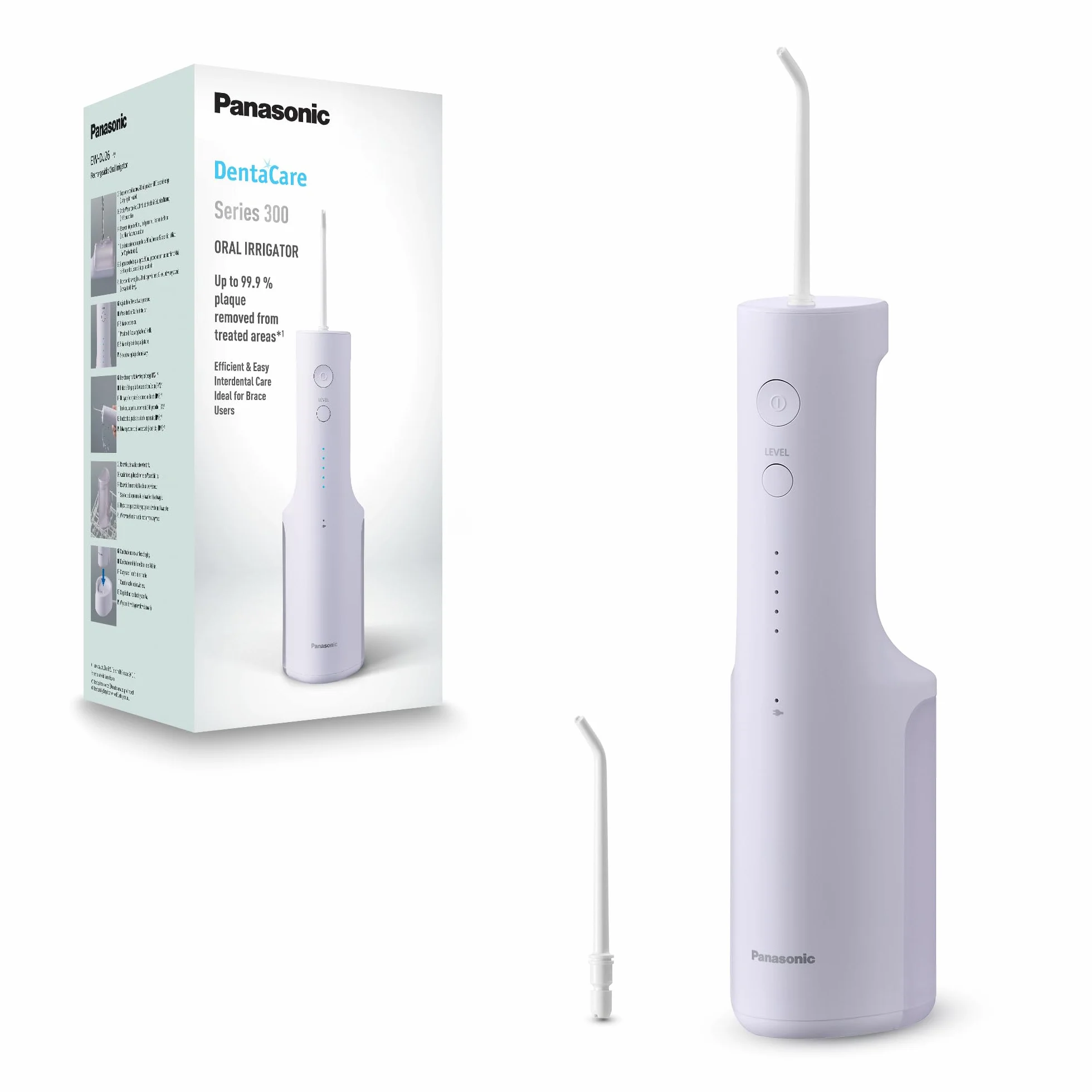 Panasonic Serie 300 Irrigatore Orale EW-DJ26-V303, Idropulsore dentale, 200ml, IPX7, 2 Ugelli Standard, 5 Impostazioni di Pressione, Accessorio da Viaggio, Viola
