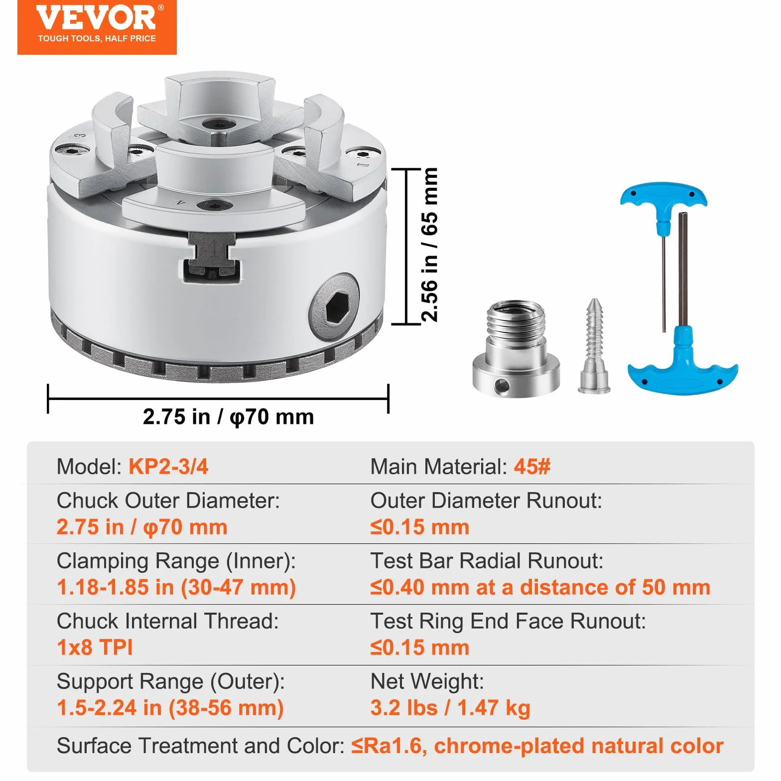 VEVOR Mandrino per Tornio per Legno φ70mm Mandrino per Tornio a 4 Griffe KP2-3/4 Mandrino per Tornitura di Legno, Utensile Autocentrante con Chiave a T per Rettifica Fresatura, Grey