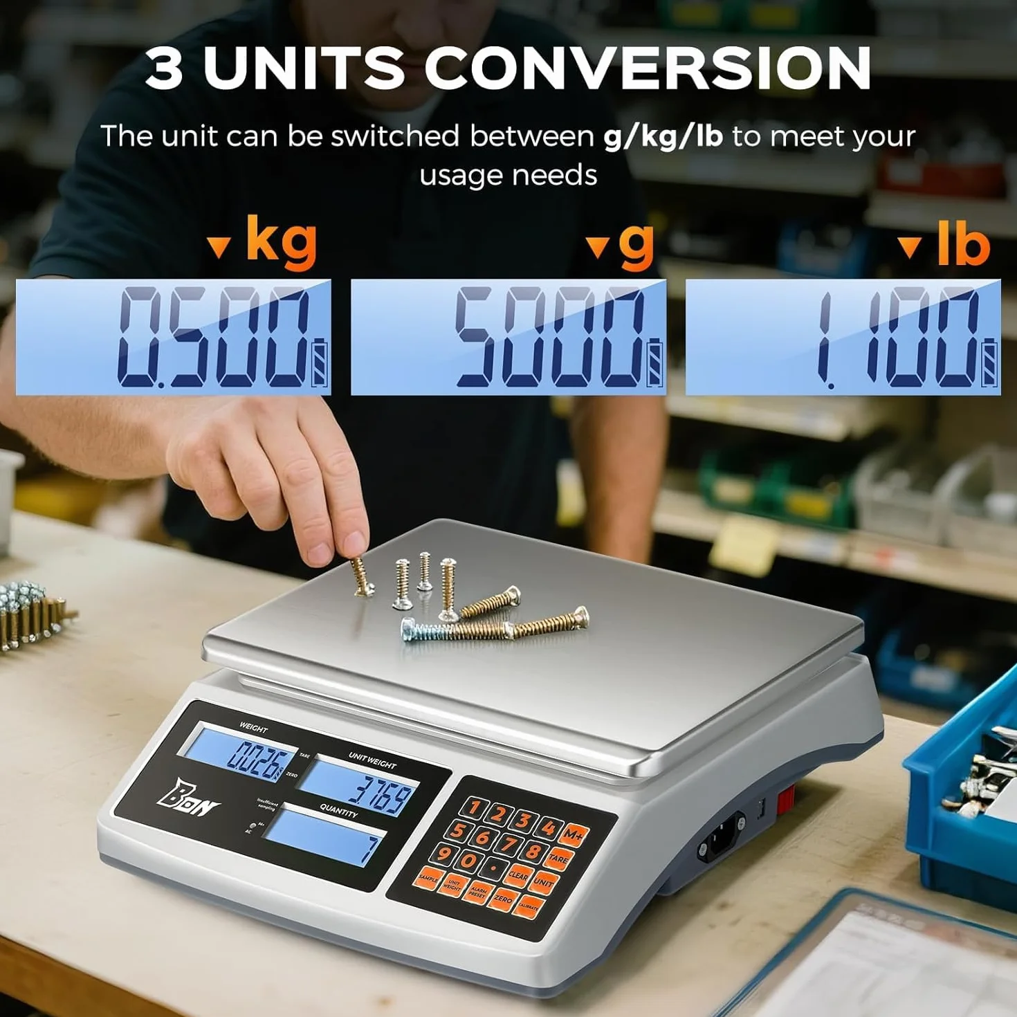 Bonvoisin Bilancia Conta Pezzi Industriale 30kg x 0.1g Acciaio Inossidabile 304 AC/Batteria
