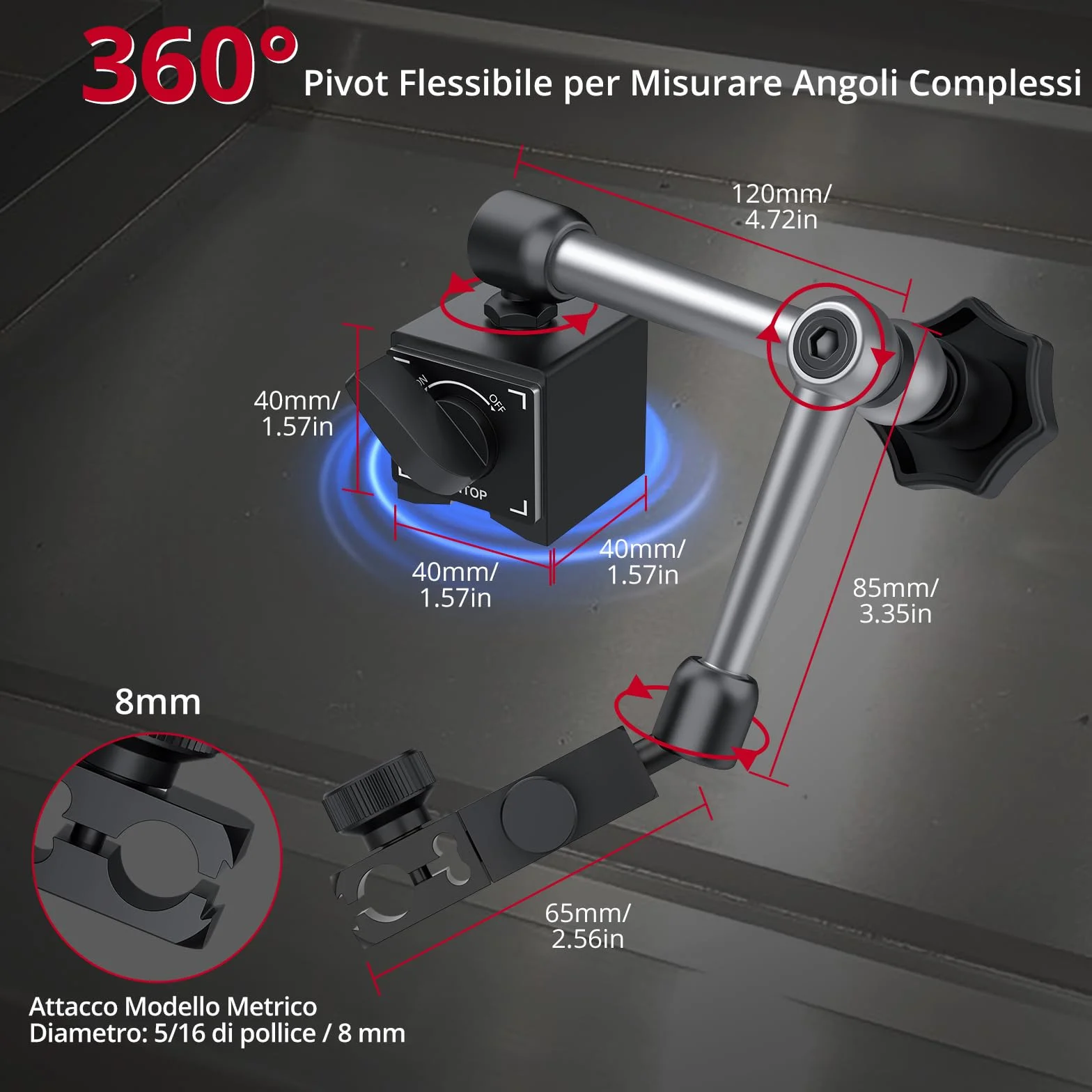 XUNTOP Comparatore Centesimale Meccanico 0-20mm + Base Magnetica Multidirezionale 60KG Misurazione Precisione 0.01mm Set Professionale con Comparatore Test DTI per Tornio, Stampante 3D, CNC, Auto