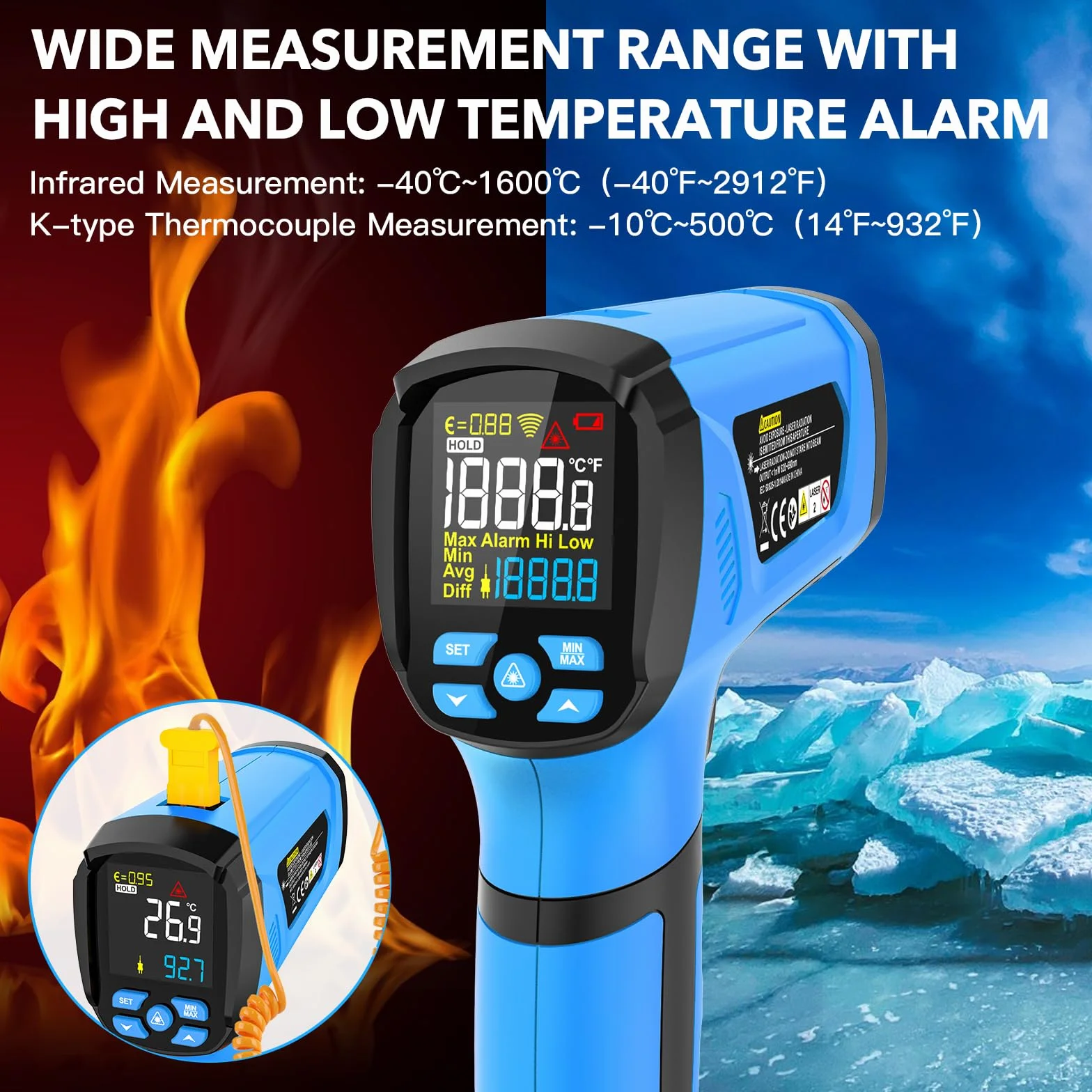 MESTEK Termometro a Infrarossi -40°C~1600°C Digitale Laser Pirometro con K-Probe D:S-50:1
