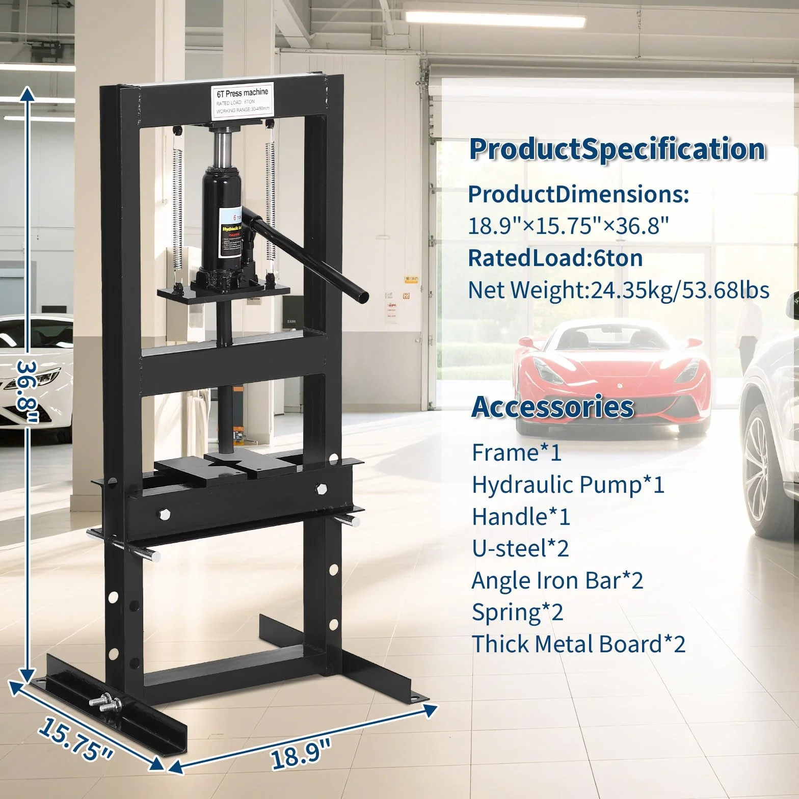 Pressa Idraulica 6 Ton H-Frame Altezza Regolabile Piastre Incluse Valvola Sicurezza