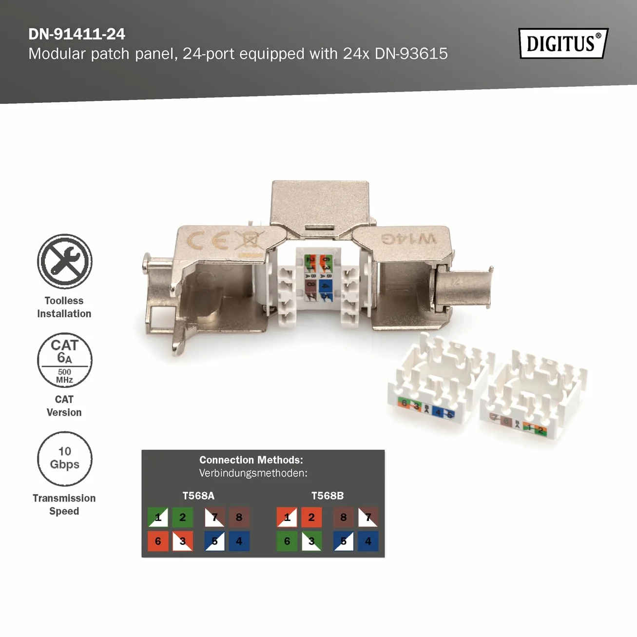 DIGITUS PatchPanel Set – 24 porte – con 24 moduli Keystone DN-93615 – 500 MHz – CAT 6A – Montaggio su rack in armadio di rete da 19 pollici – 1 U – Nero