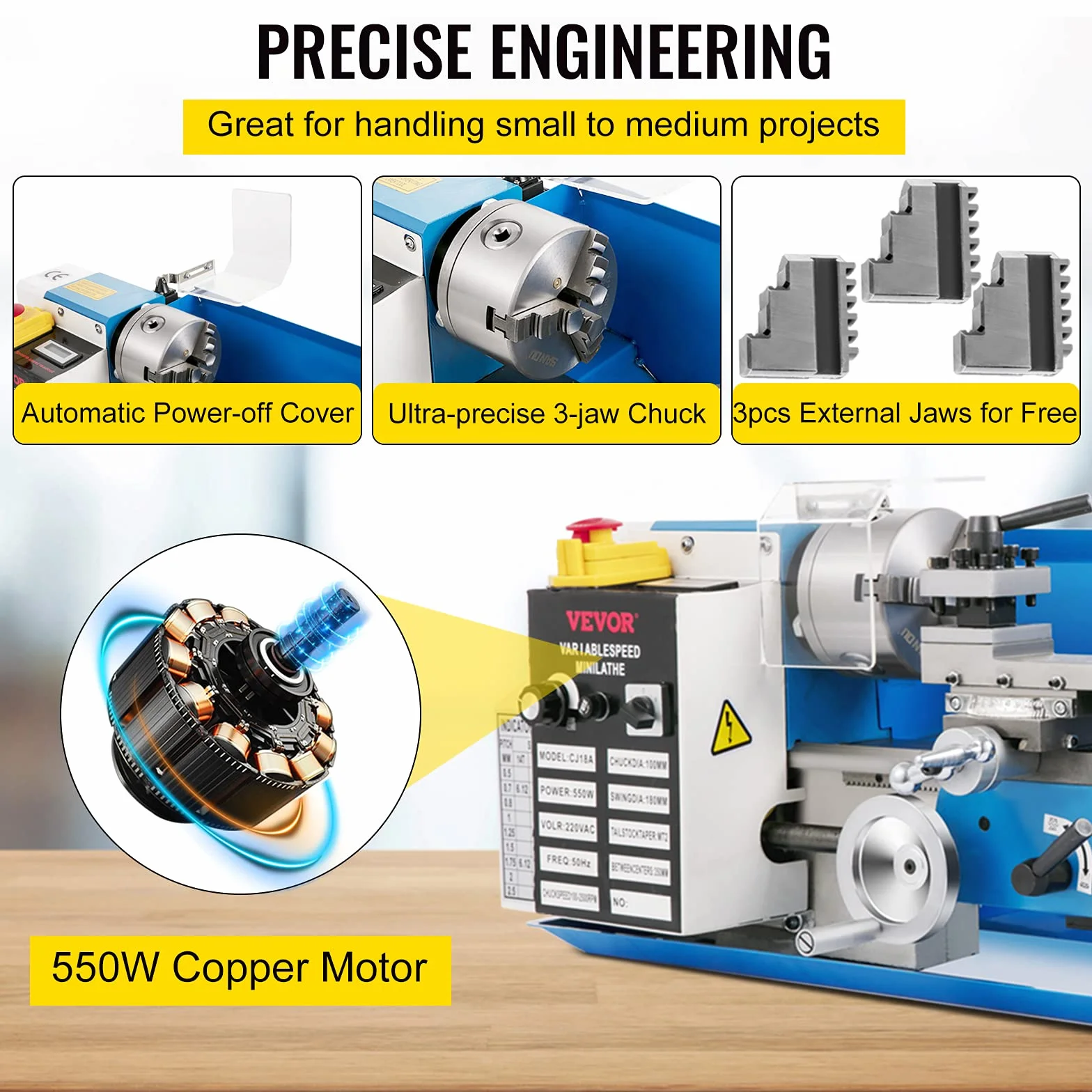 VEVOR Mini Tornio da Banco per Metallo Motore 800W in Ghisa HT200 Velocità tra 150-2500 giri/min Variazione Costante, Mini Tornio per Metalli 80 x 34 x 36 cm Cono Mandrino MT5 Diametro Mandrino 100mm