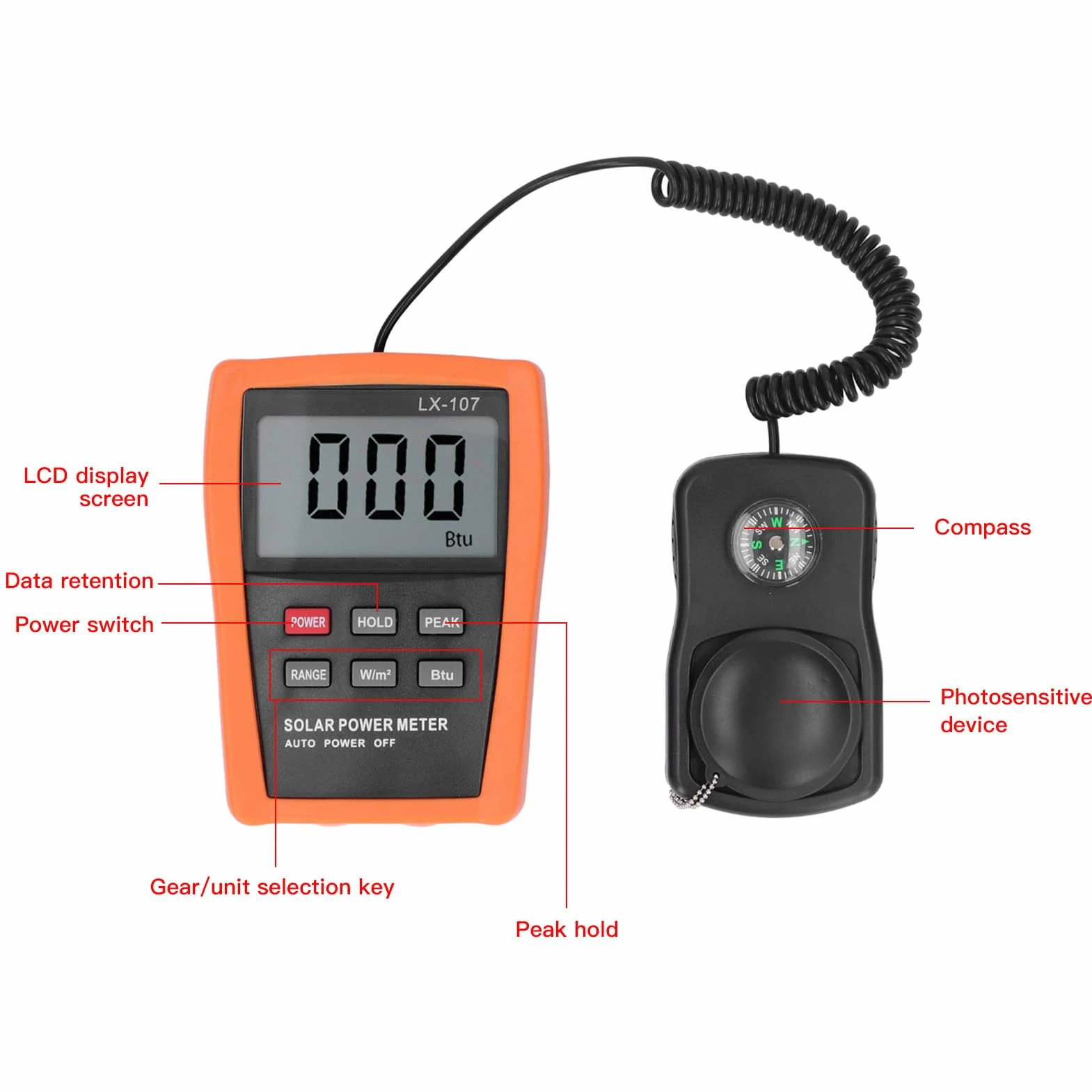 Misuratore di Energia Solare Digitale, Piranometro 2000 W/m² 634BTU con Bussola