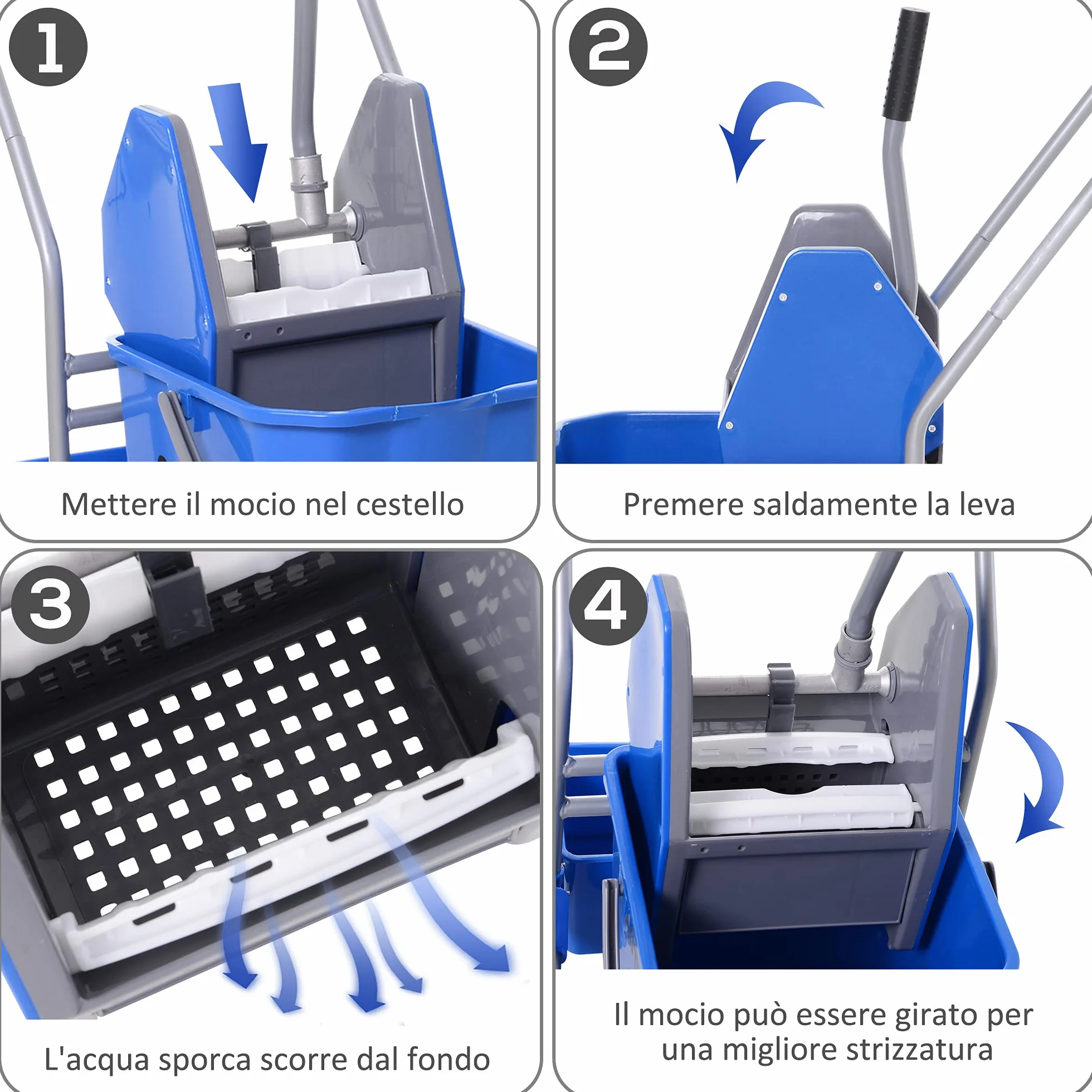HOMCOM Carrello Pulizie Professionale 72x49.5x95 cm Blu Secchio Lavapavimenti 25L con Strizzatore Cesto Sospeso Ripiano Gancio Multiuso