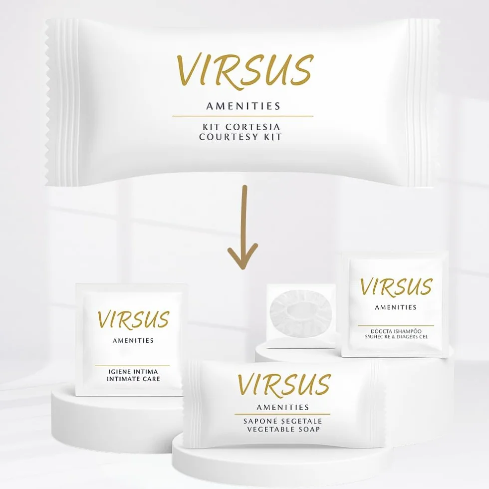 Virsus 400 Pezzi Kit Cortesia in 100 Bustine contenente ognuna: 1 Bustina Igiene intima 10ml, 1 Bustina Doccia Shampoo 10ml, 1 Saponetta 9gr, 1 cuffia monouso per Albergo Hotel B&B, Linea cortesia