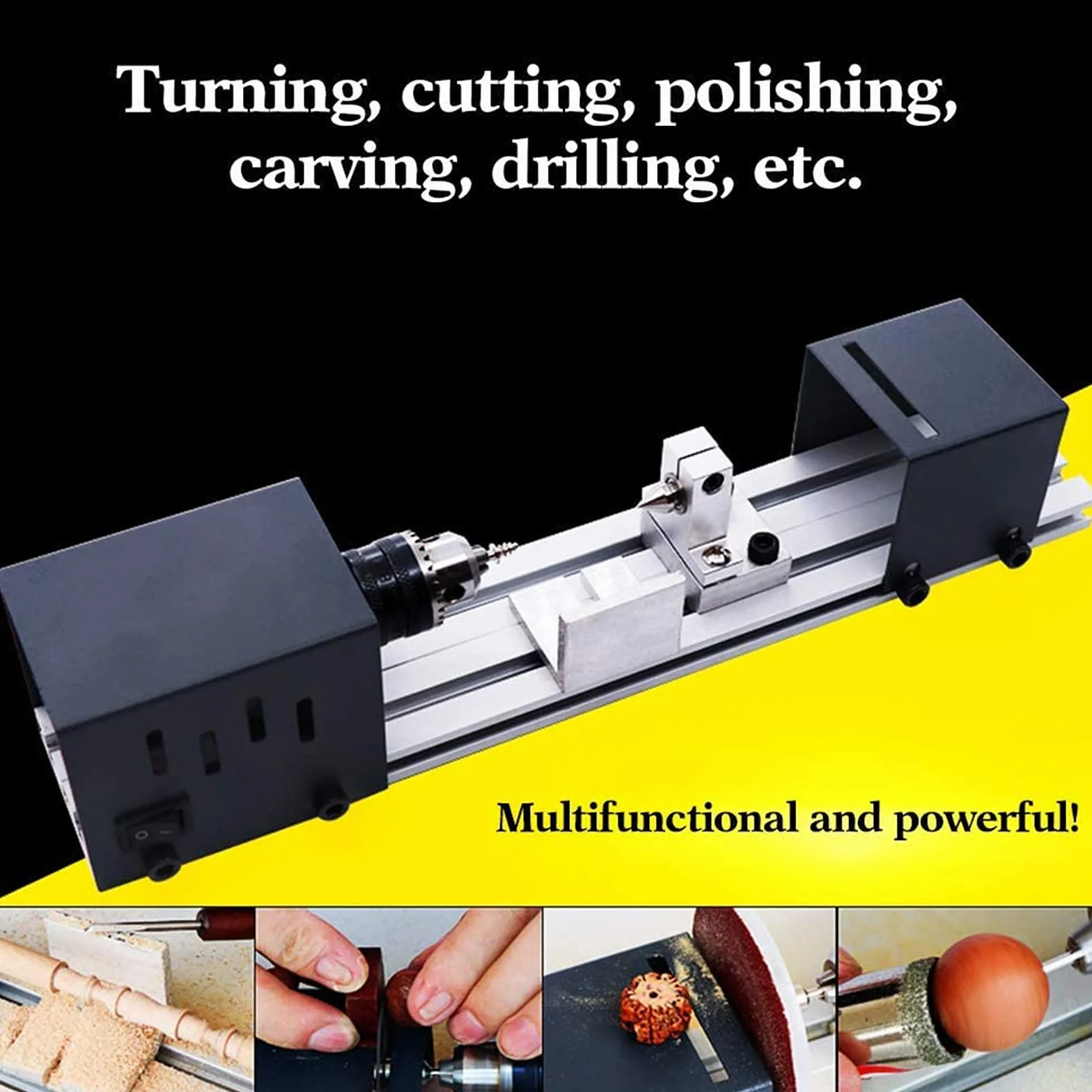 200W Mini Tornio Per Legno, Mini Tornio Per Metallo Mini Fai-Da-Te Tornio Per Legno Rettifica Lucidatura Utensile Per Trapano Mini Tornio A Velocità Variabile Tornio Parallelo (EU Plug)