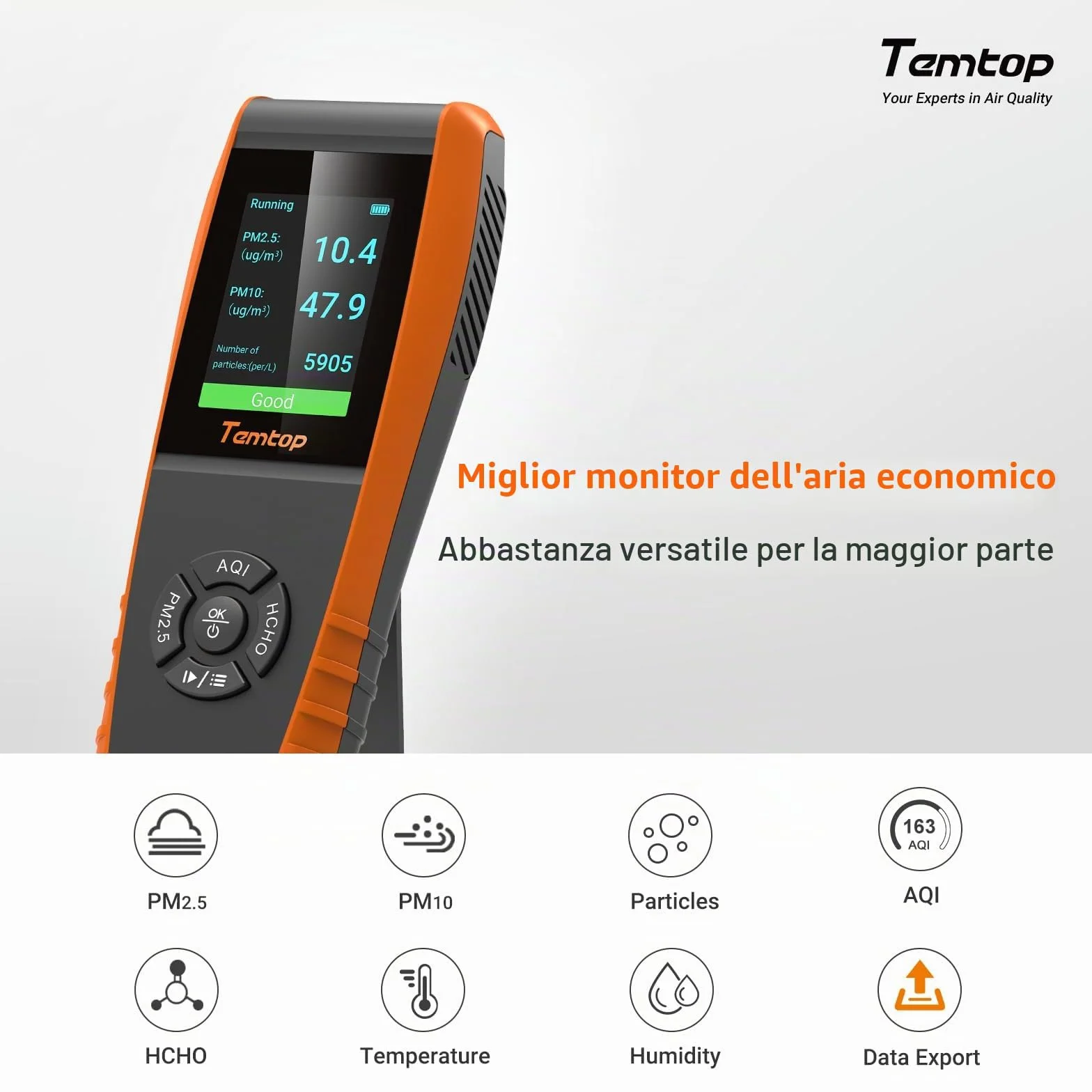 Temtop LKC-1000S+ 2ND Rilevatore di Qualità dell'Aria Monitor Formaldeide HCHO PM2.5 PM10 TVOC