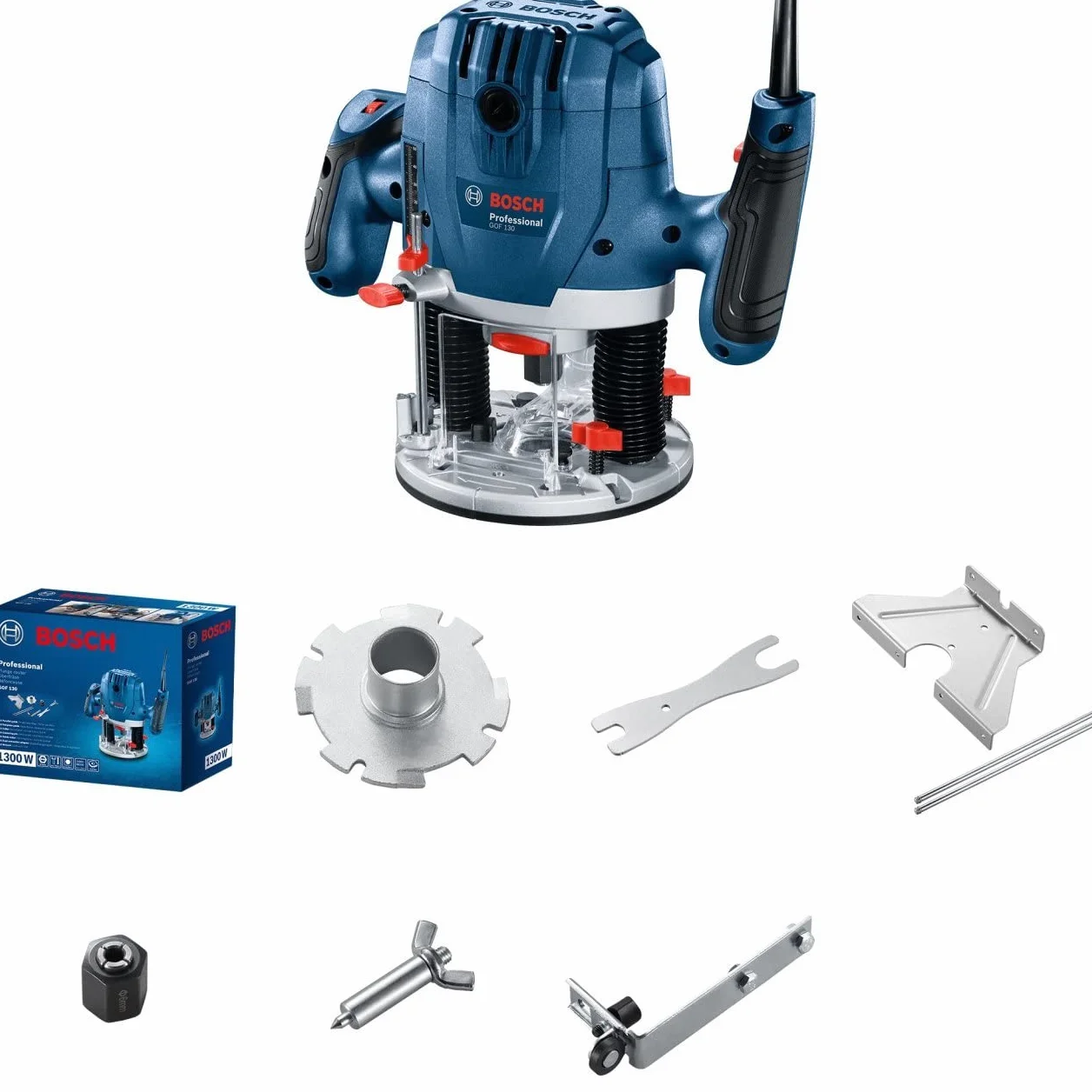 Bosch Professional: Fresatrice verticale GOF 130 (guida parallela, bullone di copia, adattatore per aspirapolvere, mandrino di centraggio, rullo guida, 2 morsetti di fissaggio)