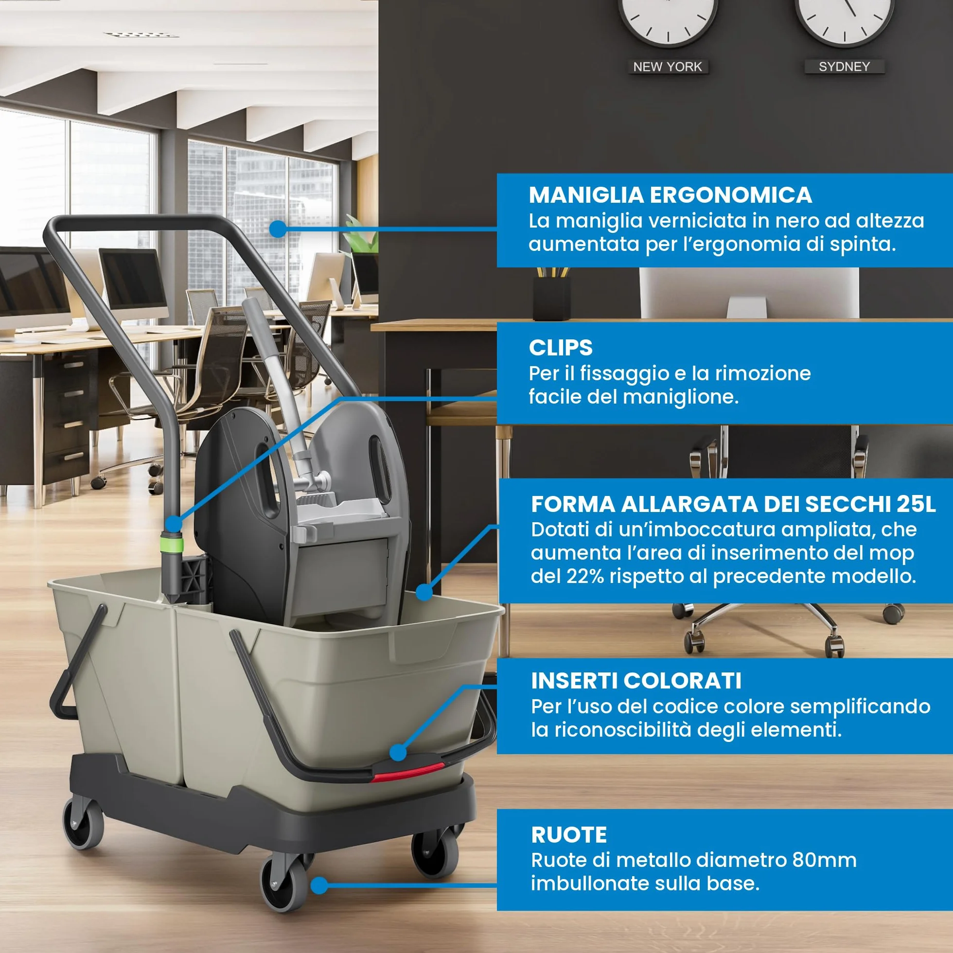Cubex Professional Carrello Pulizie 2 Secchi 25L Grigio Seta Strizzatore New Line Ganasce Ruote Metallo