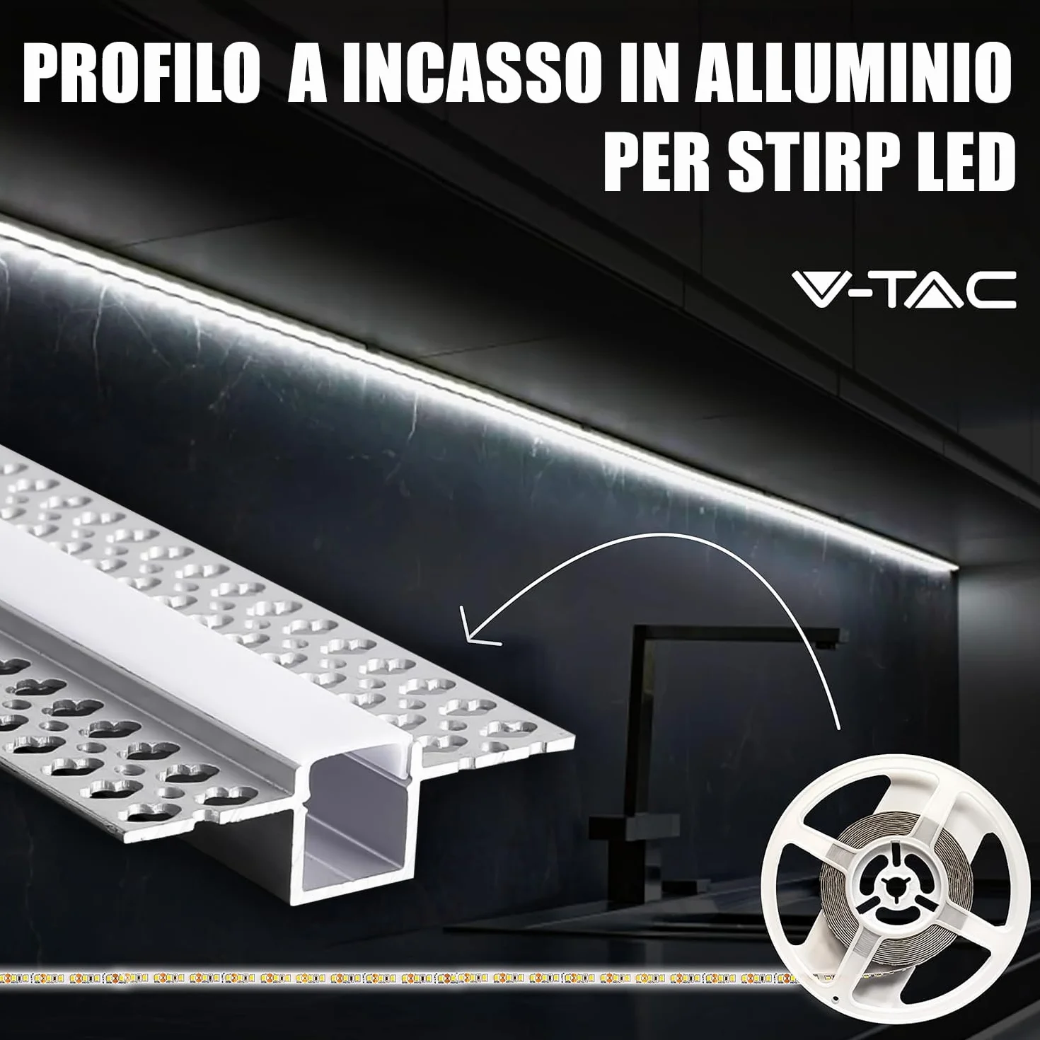 V-TAC 5x Profili per Strisce Led a Scomparsa da 2 METRI con Diffusore - (10 Metri Totali) - Profilo a Incasso da Parete e Soffitto per Striscia LED in Alluminio - Colore Argento - Misure 55 x 15 mm