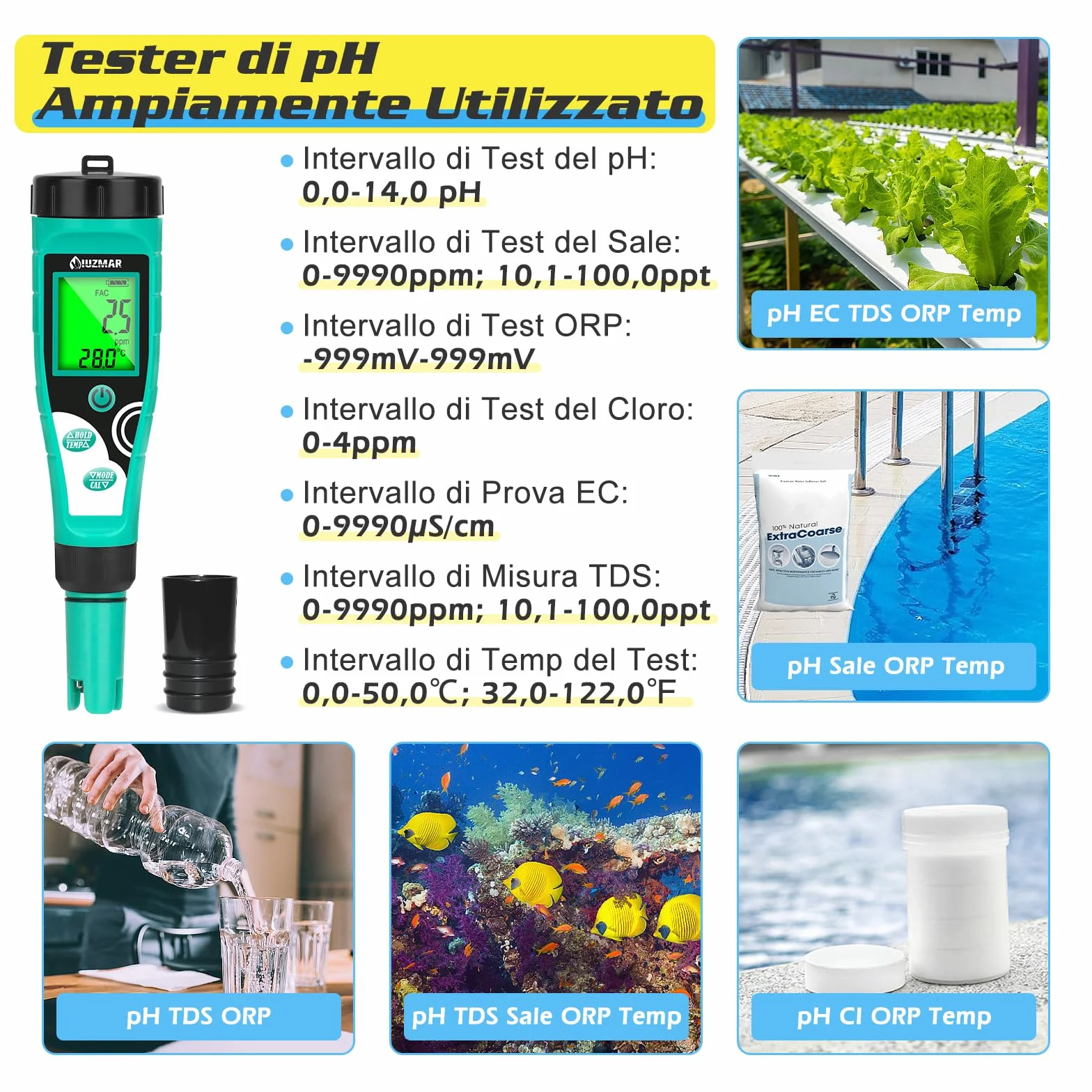 UIUZMAR Misuratore Cloro Piscina Digitale 7 in 1 pH Sale ORP TDS EC Temp