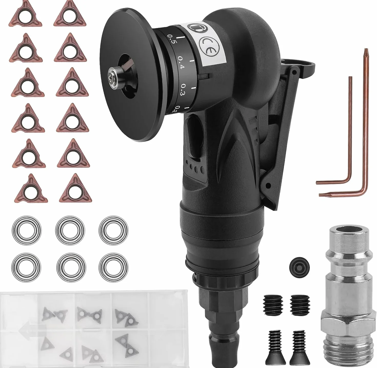 Mini Smussatrice Pneumatica, Portatile Smussatore Ad Aria, 30000RPM, Angolo ad Arco a 45 Gradi, Strumento per Smussatura per Rifilatura e Sbavatura dei Metalli (lame angolari 6R+6C)