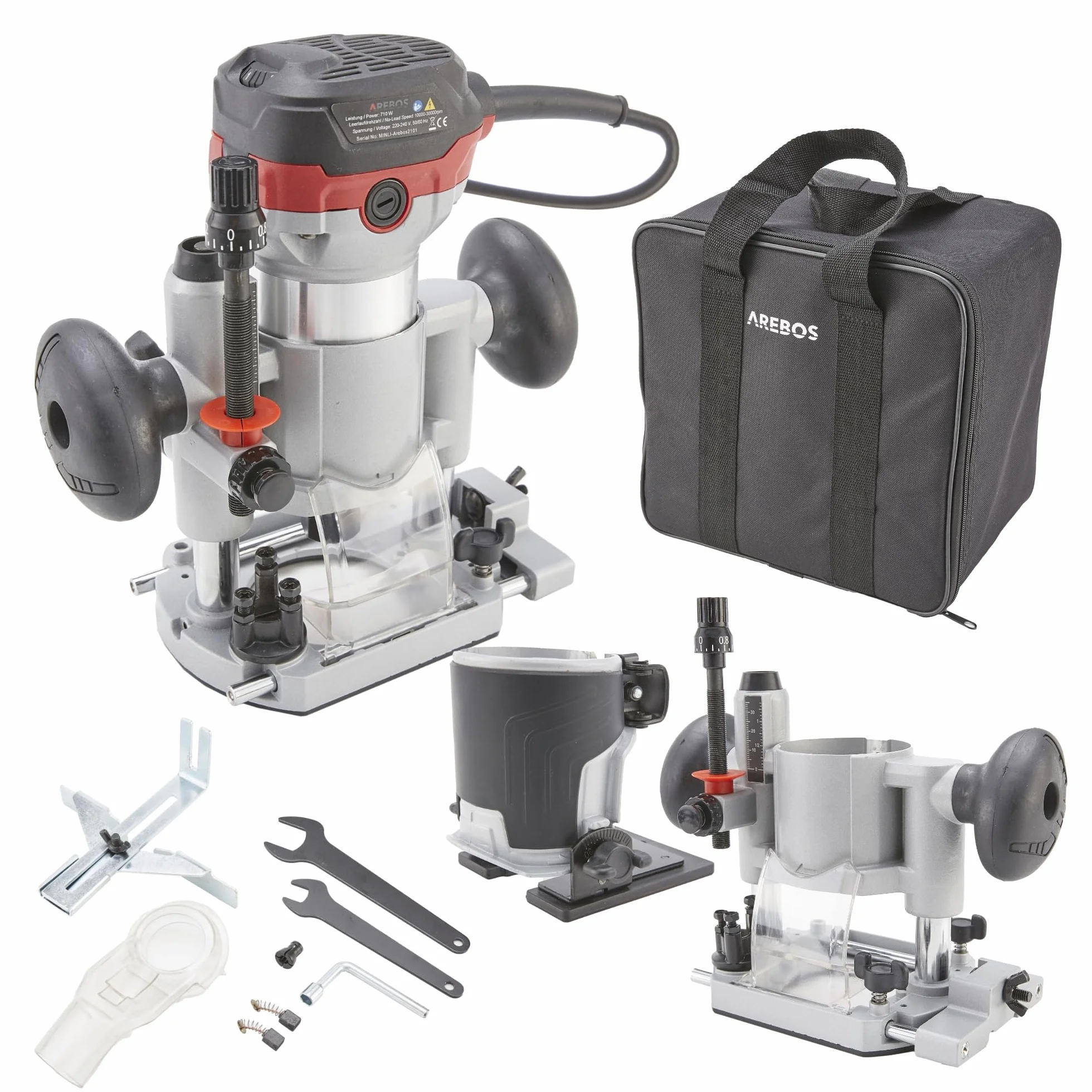 Arebos Fresatrice verticale | Fresatrice per legno con 6 livelli di velocità | Bloccaggio mandrino 710 W | Base a immersione e trimmer | Pinza di serraggio Ø 6 e 8 mm | Con borsa porta utensili