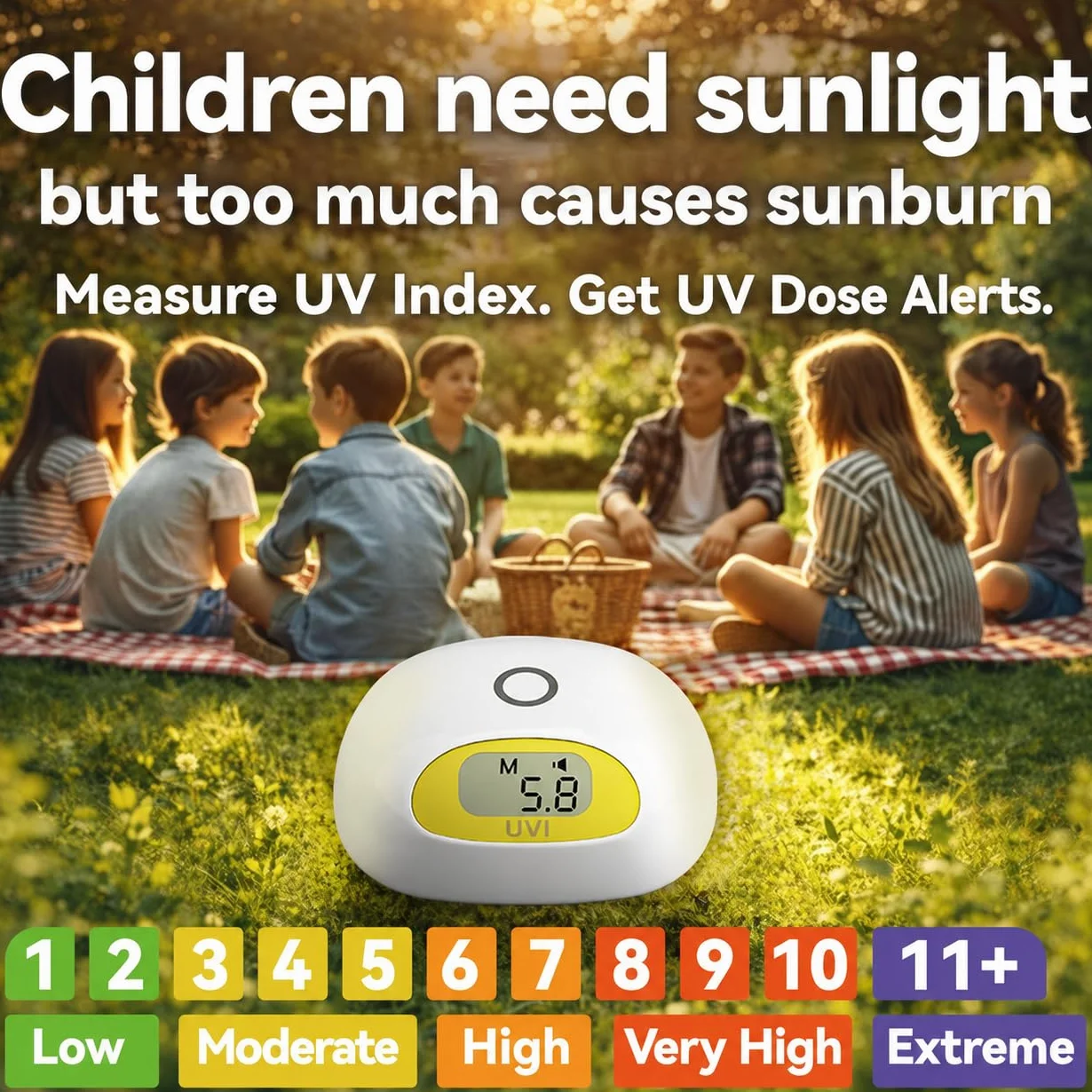 Misuratore indice UV solare con promemoria dose e allarme acustico