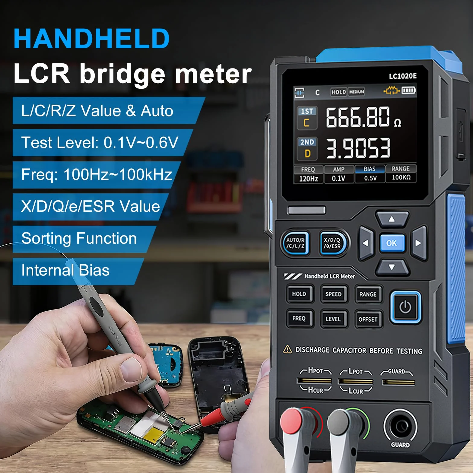 LC1020E Tester Digitale,LCR Meter Tester Digitale Portatile LCR Bridge Tester Condensatori Test di Capacità, Resistenza e Induttanza,Frequenza Regolabile da 100 Hz a 100 KHz, Blocco dati