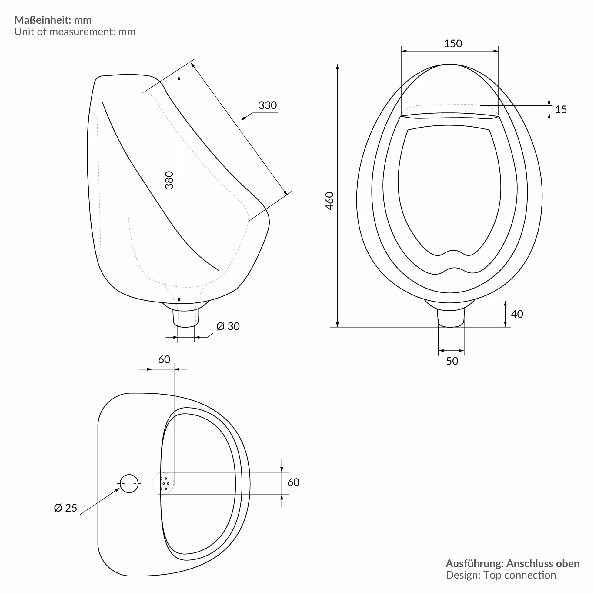 ECD Germany Orinatoio da Parete Sospeso Bianco Ceramica 35x46x30 cm Rotondo Ingresso Acqua dall'Alto Scarico Retro WC Maschile