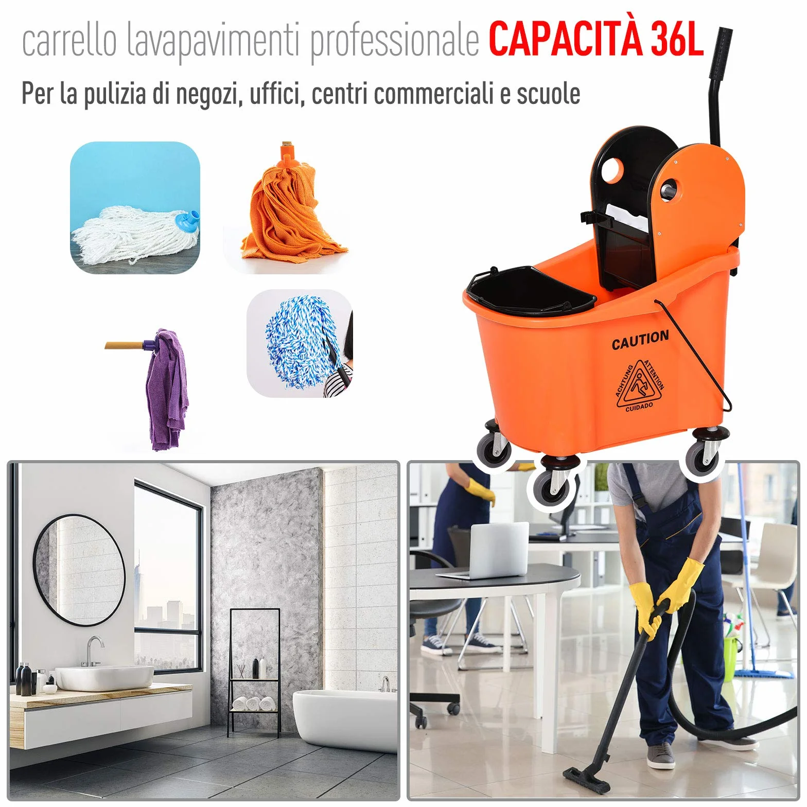 HOMCOM Secchio per Mocio Professionale 36L, Carrello Lavapavimenti con Strizzatore Manuale e 2 Secchi, Arancione e Nero