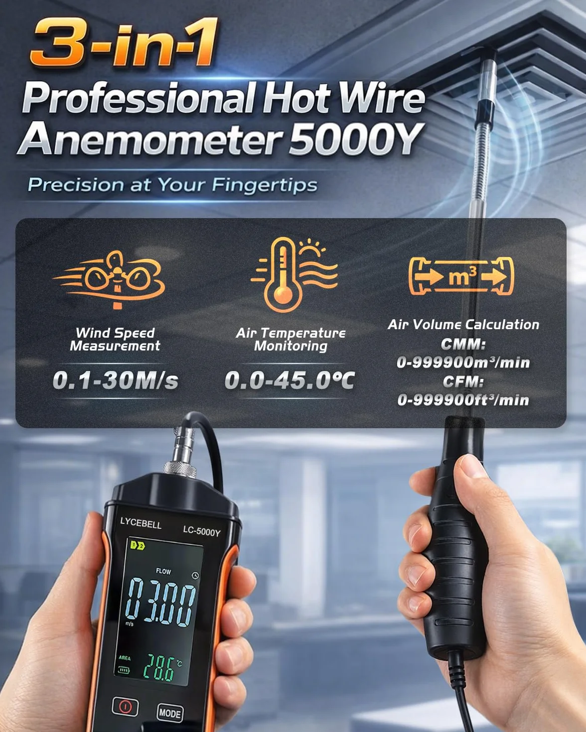 Anemometro a filo caldo LYCEBELL 5000Y 0,1-30 m/s IP54 batteria USB-C per HVAC