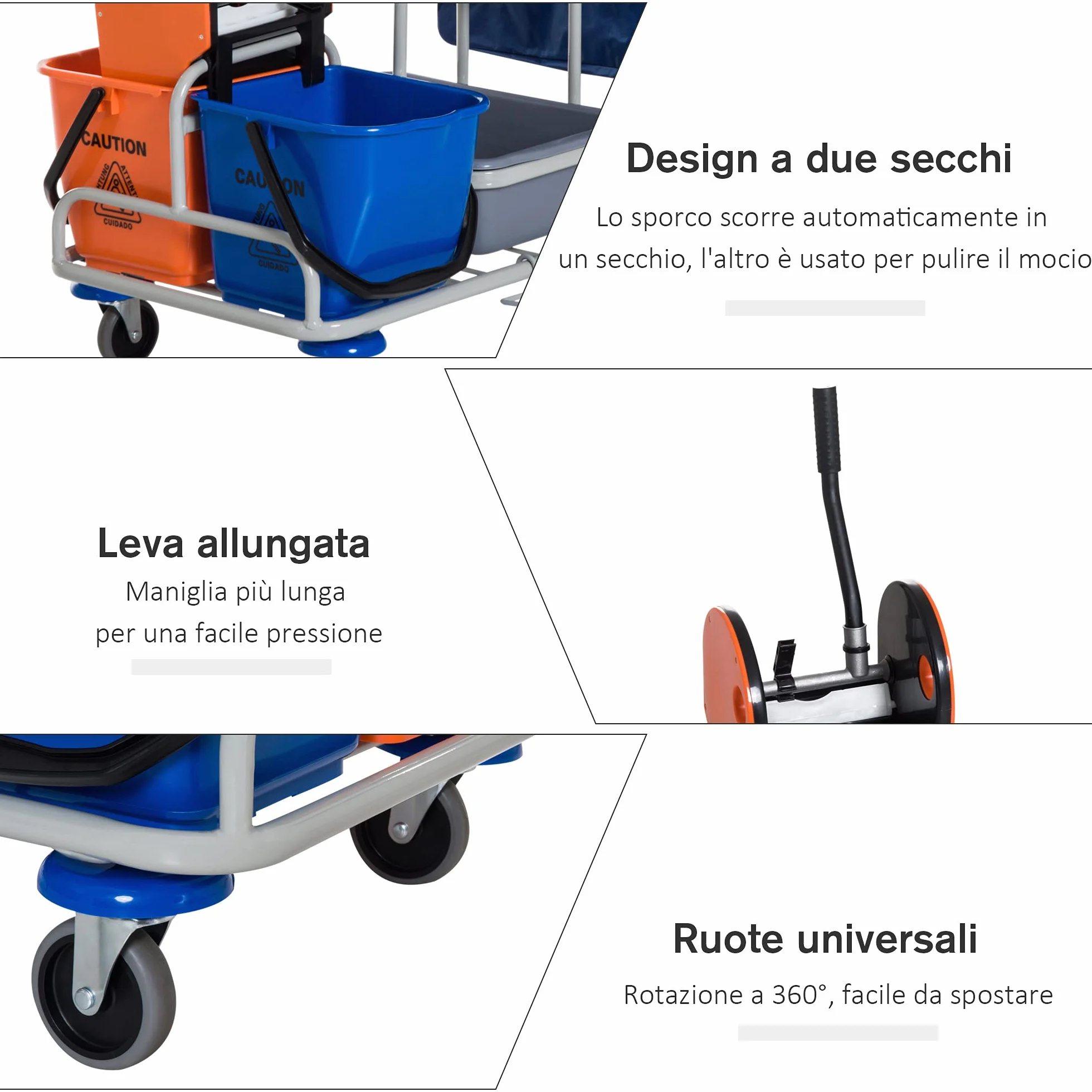 HOMCOM Carrello per Pulizie 4 Secchi Rotelle Borsa di Tela 118 × 73 × 103cm