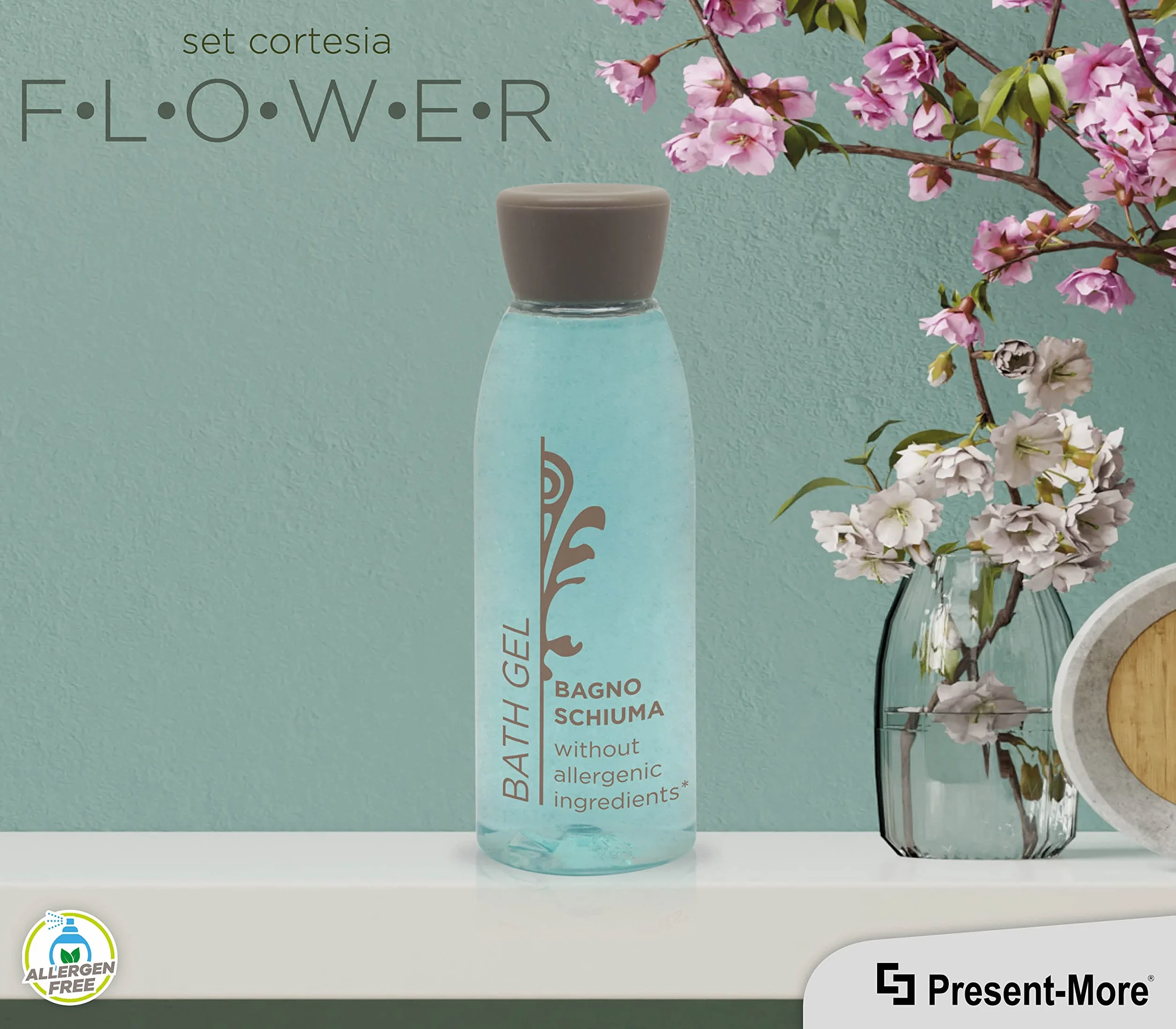 PRESENT-MORE - Bagno Schiuma 30ml Flower - Confezione da 250 Pezzi - Bagnoschiuma Monodose Senza Allergeni - Fragranza Tè Verde - Ideale per Hotel e B&B