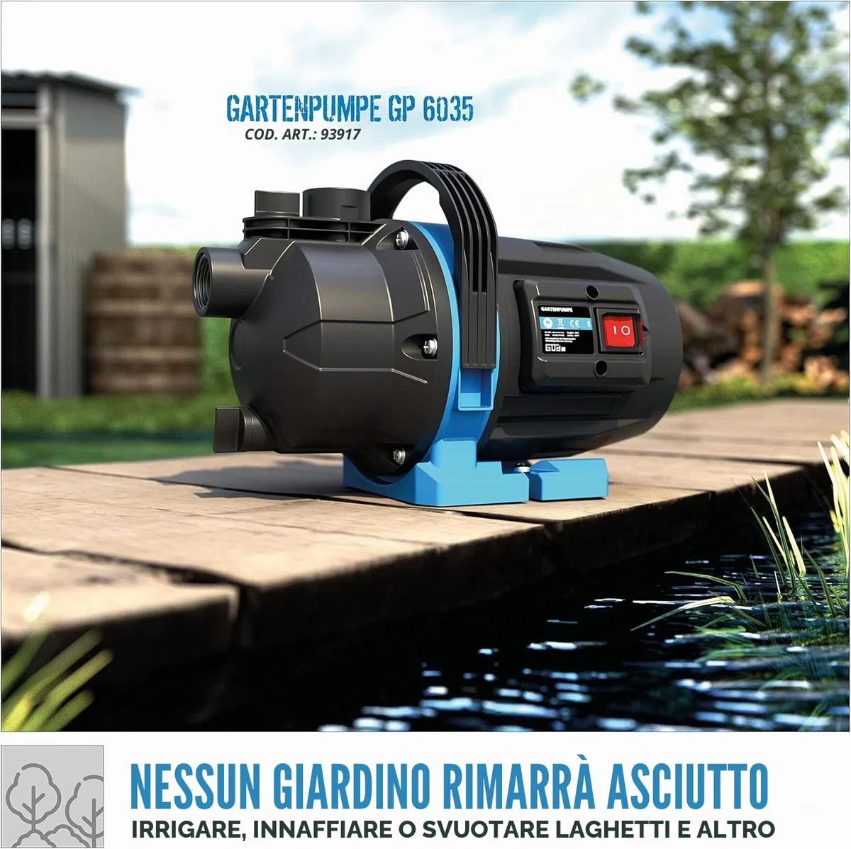 Güde Pompa da giardino GP 6035 (600 W, portata massima 3200 l/h, altezza di aspirazione fino a 7 m, filettatura di collegamento 1" IG, pompa a getto per irrigazione giardino)