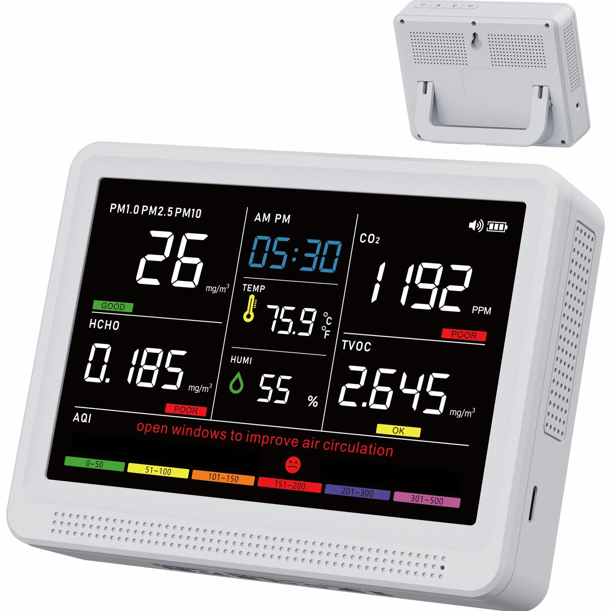 bonoch Professionale 16-in-1 Misuratore Qualità dell'Aria, Rilevatore CO2 con Display 5.5" e Batteria 10h, Monitor TVOC PM2.5 PM1.0 PM10 HCHO Temperatura Umidità