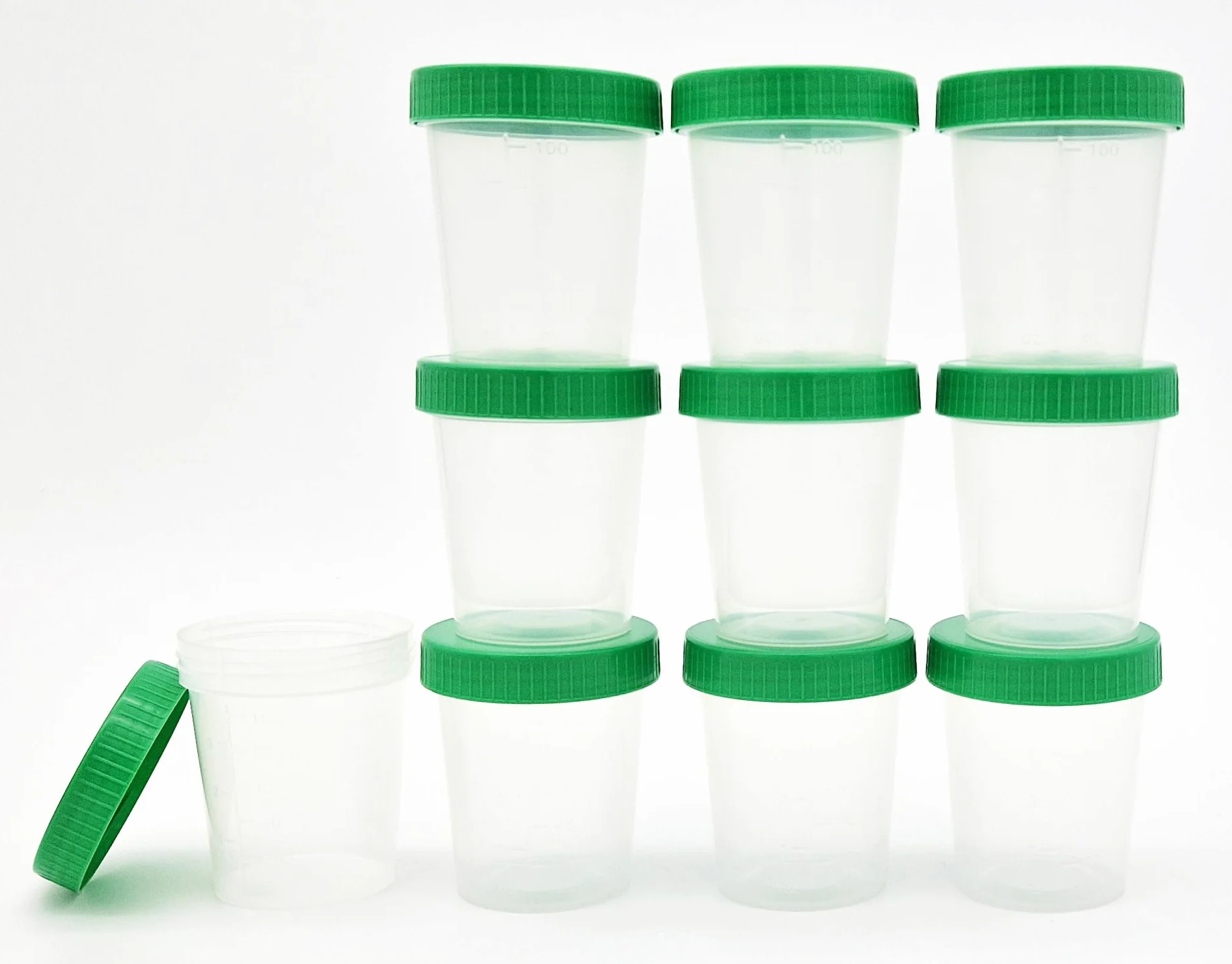 Tiga-Med Bicchieri per urina/campione, 500 pezzi, 125 ml, con tappo a vite verde, graduati fino a 100 ml, scrivibili
