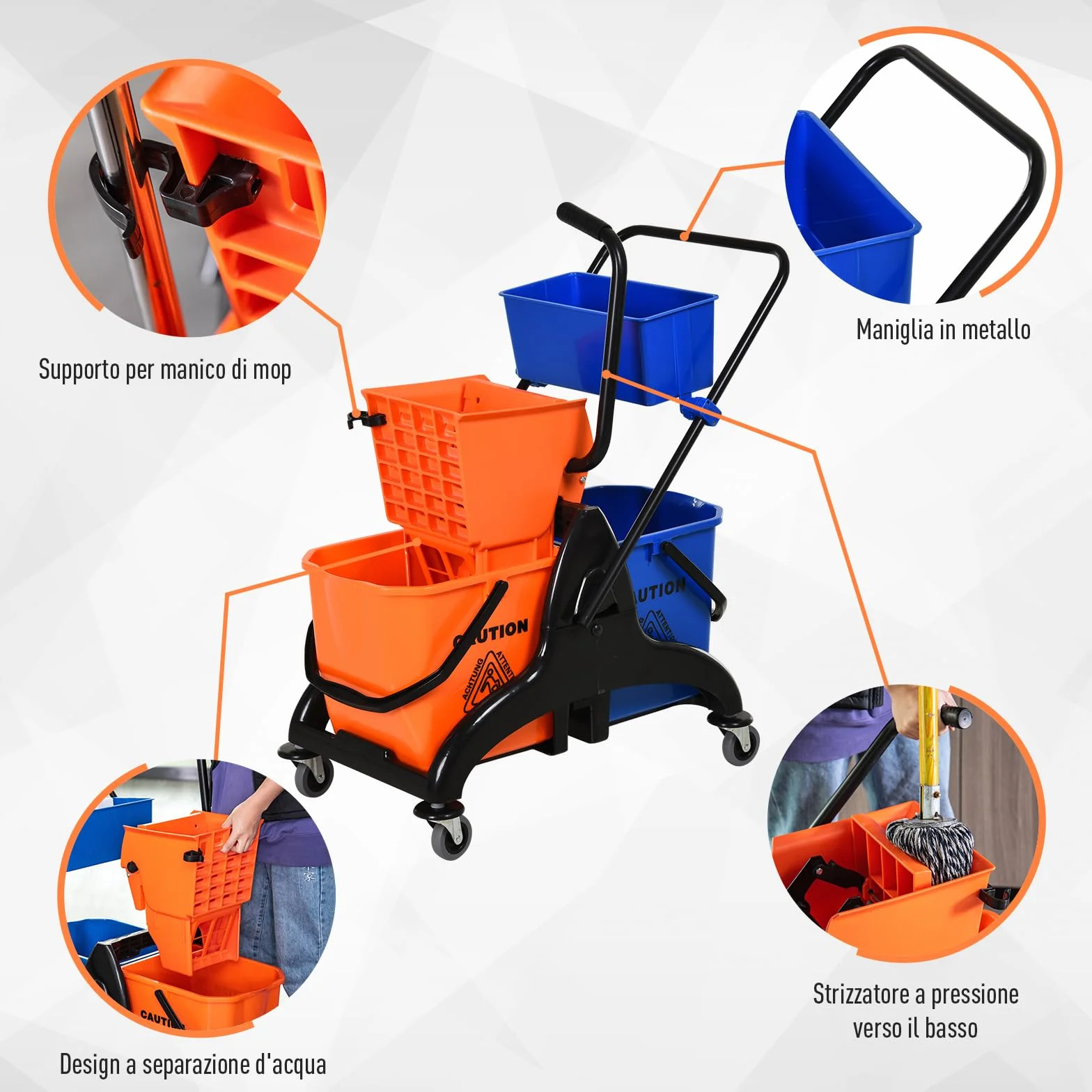 HOMCOM Carrello Pulizie Professionali 2 Secchi Lavapavimenti 26L Strizzatore 4 Ruote 78x45x95 cm Arancione Blu