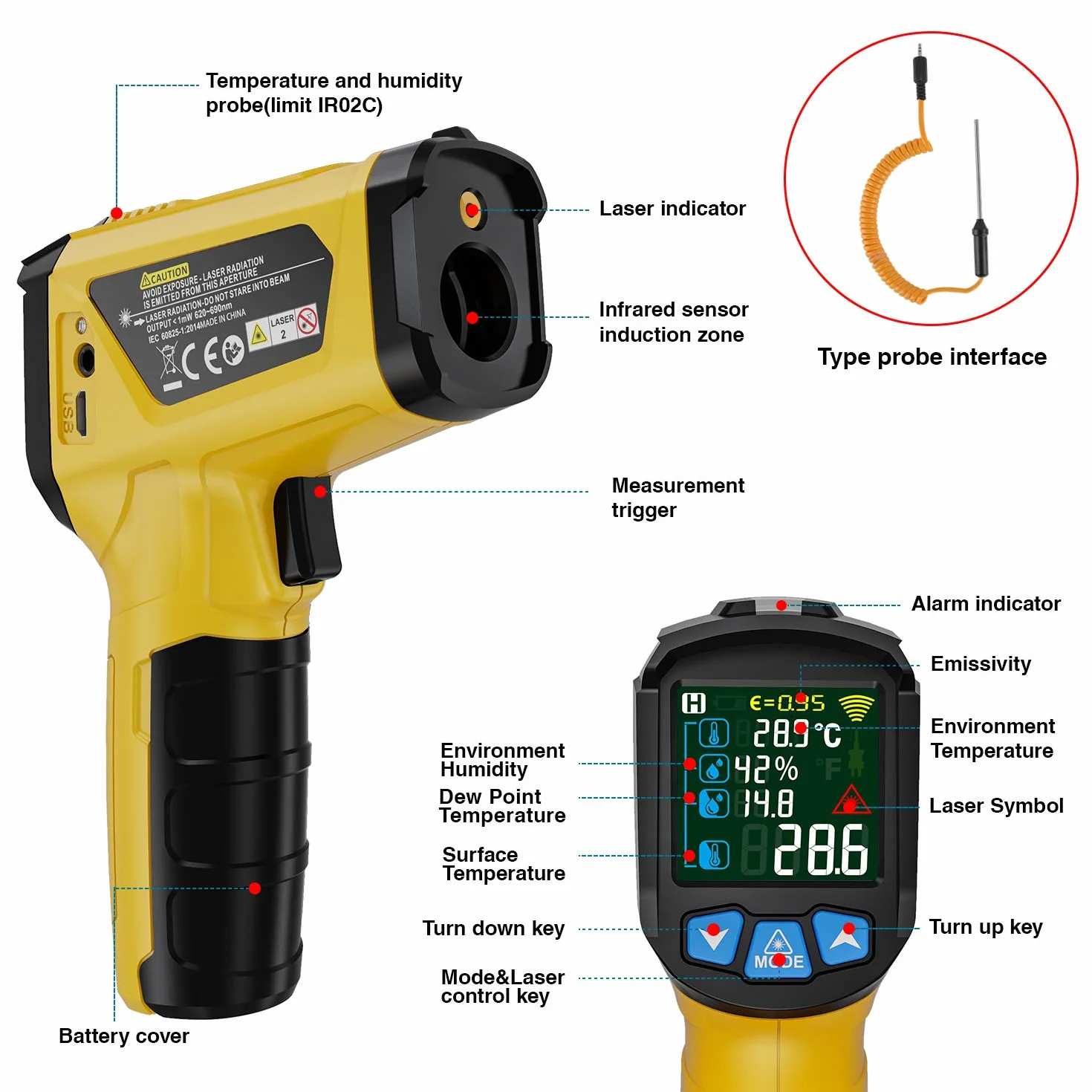 MESTEK Termometro Infrarossi Digitale Professionale -50°C~800°C con Sonda K Schermo LCD Colori Emissività Regolabile