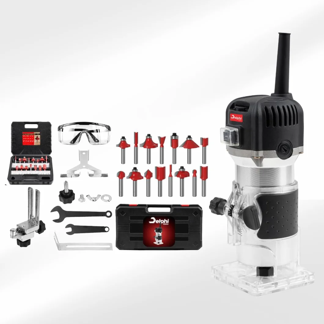 DELPHI Fresatrice Verticale Per Legno 800W 330000 R/MIN Con 15 pezzi Mandrino 6.35mm - Legno Rifilatrice Elettrica Router Legno Elettrica Rifilatrice Per Legno Con Custodia 25 Accessori SET