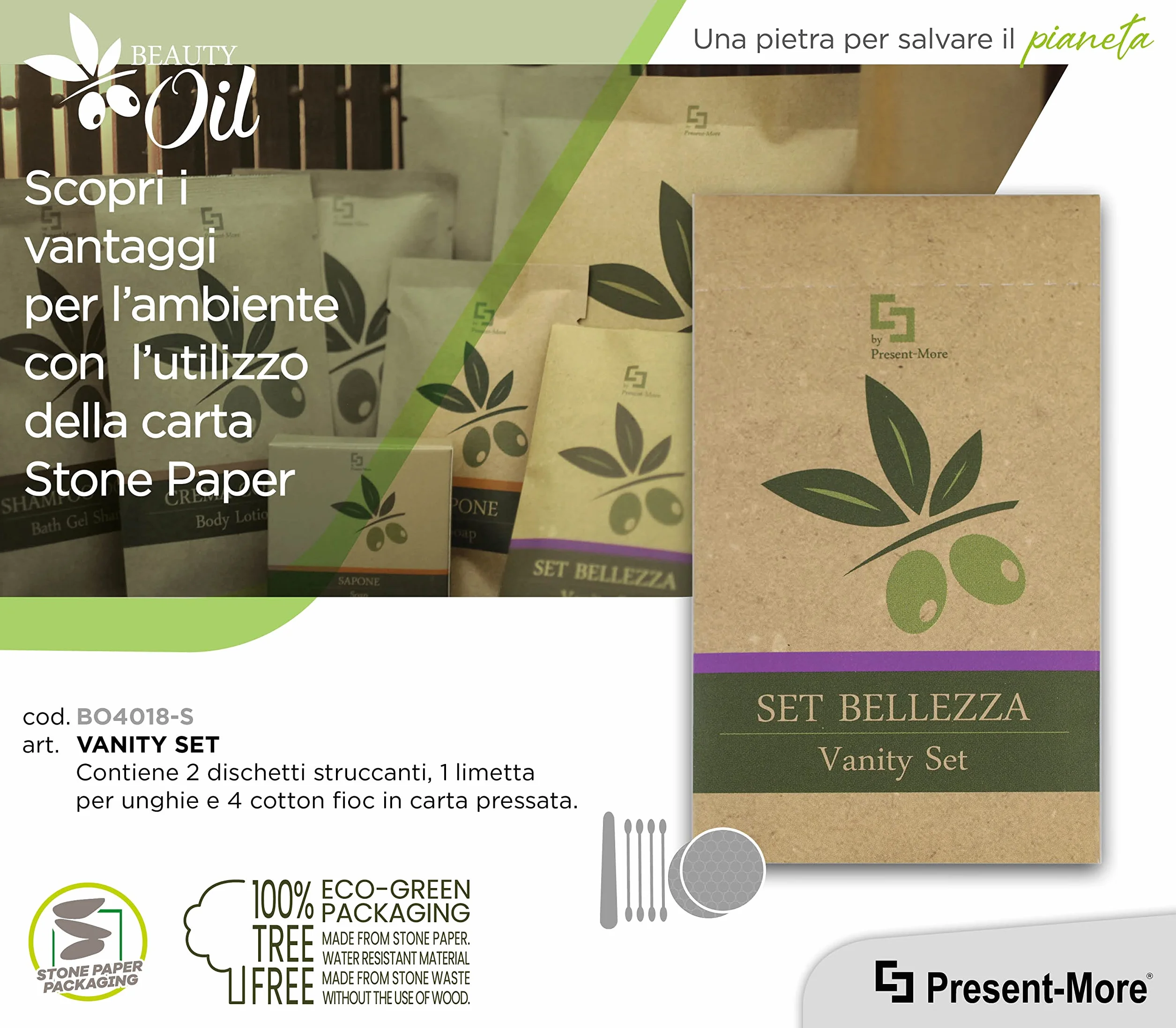 PRESENT-MORE - Vanity Set 250 Pezzi - Linea Beauty Oil - Kit con Dischi Struccanti, Limetta per Unghie e Cotton Fioc - Packaging Ecologico in Stone Paper - Ideale per Hotel e B&B