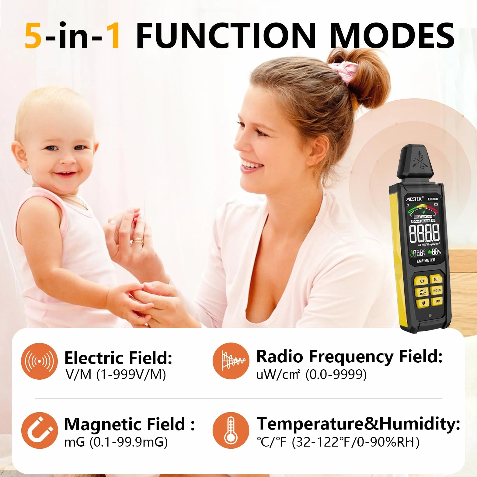 Misuratore EMF MESTEK Rilevatore di Campi Elettromagnetici 5 in 1(EF/MF/Frequenza Radio), Campi Elettrico/Magnetico, Radiometro ad Alta Frequenza Home Rilevazione EMF e Caccia ai Fantasmi