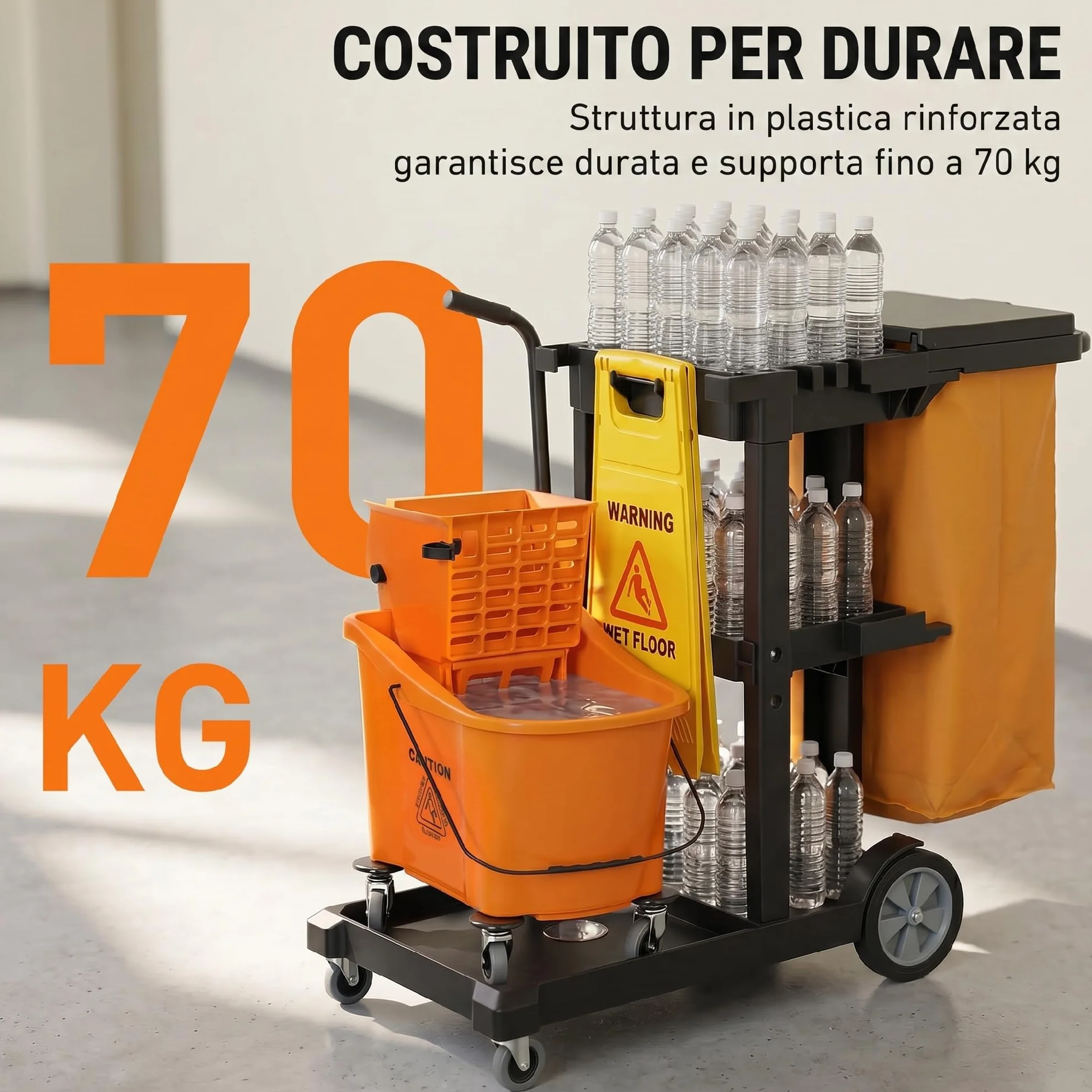 HOMCOM Carrello Pulizie 3 Ripiani 70L Secchio Lavapavimenti Strizzatore 4 Ruote 122x46.5x101 cm