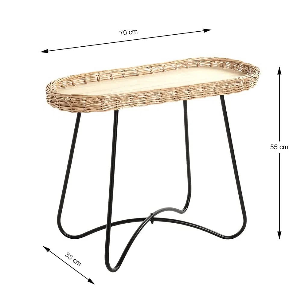 HAKU Tavolino in vimini naturale, struttura in metallo nero, legno lamellare, intreccio in vimini, tavolino da salotto - Dimensioni: L 70 x A 55 x P 33 cm Stile: Bohemian