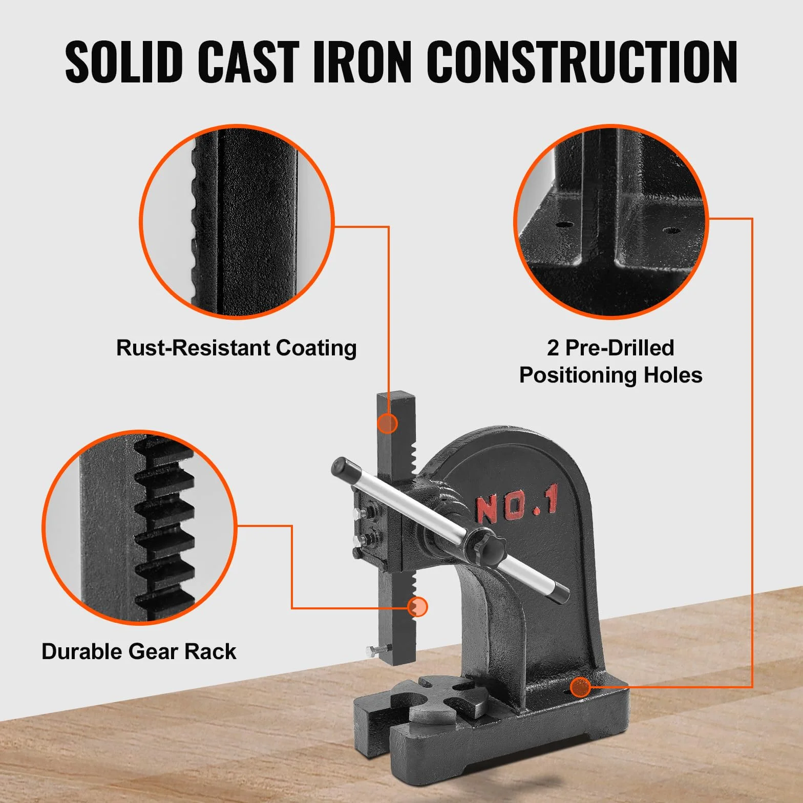 VEVOR 1 TON Manual Arbor Press, 5.9" Max Height, Heavy Duty Cast Iron Desktop Press