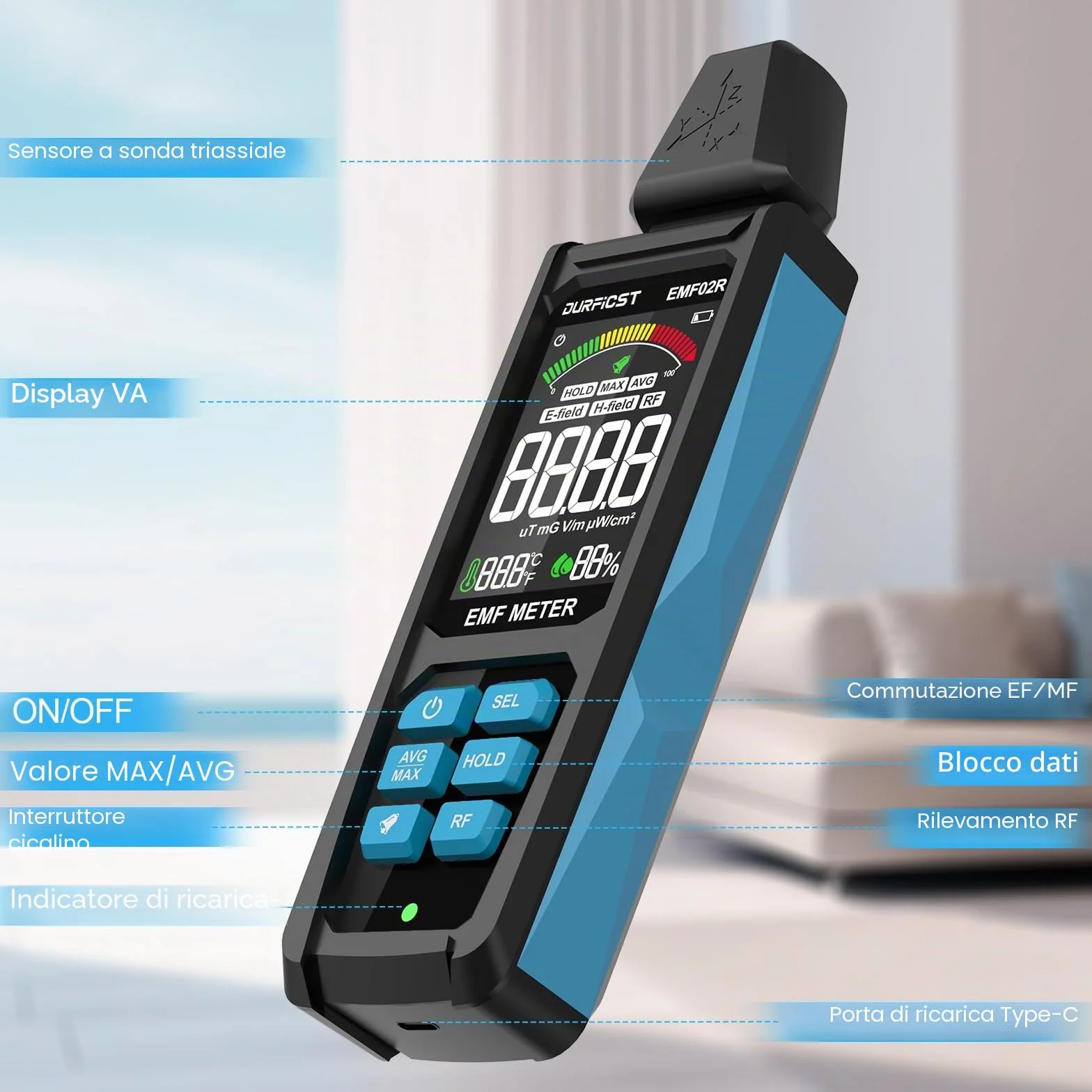 Misuratore EMF, DURFICST 5 in 1 Rilevatore di radiazioni elettromagnetiche digitali ricaricabili per segnali EF, RF, MF e WiFi, adatto per 5G, torri cellulari, contatori intelligenti, WiFi, Bluetooth