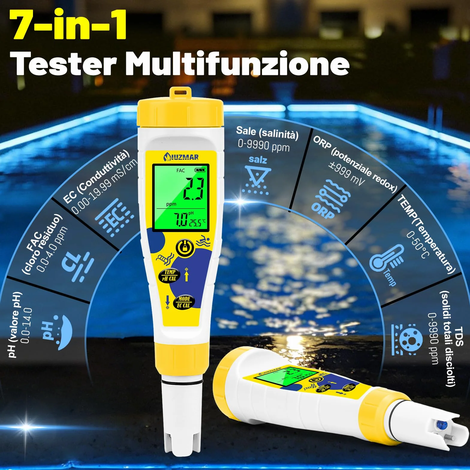 Misuratore Cloro e pH Digitale 7 in 1, Test Piscina pH Cloro Sale Temperatura, Salinità EC TDS ORP per Idroponica