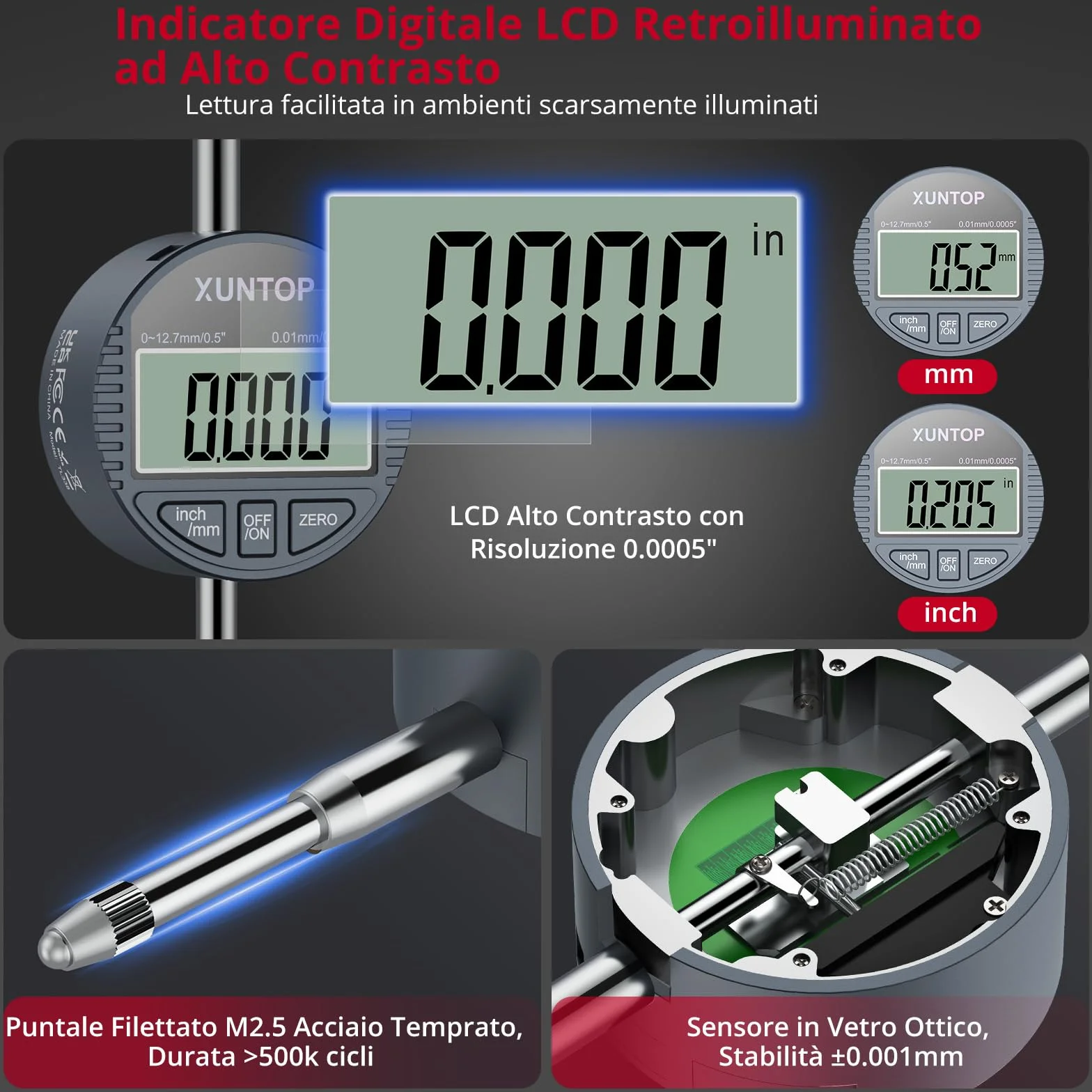 XUNTOP Alesametro con Quadrante 50-160mm/2-6" con Set 12 Testine Auto Alesametro con Comparatore Centesimale 0.01mm Precisione Indicatore Diametro Interno con Custodia ABS per Motori Cilindri CNC