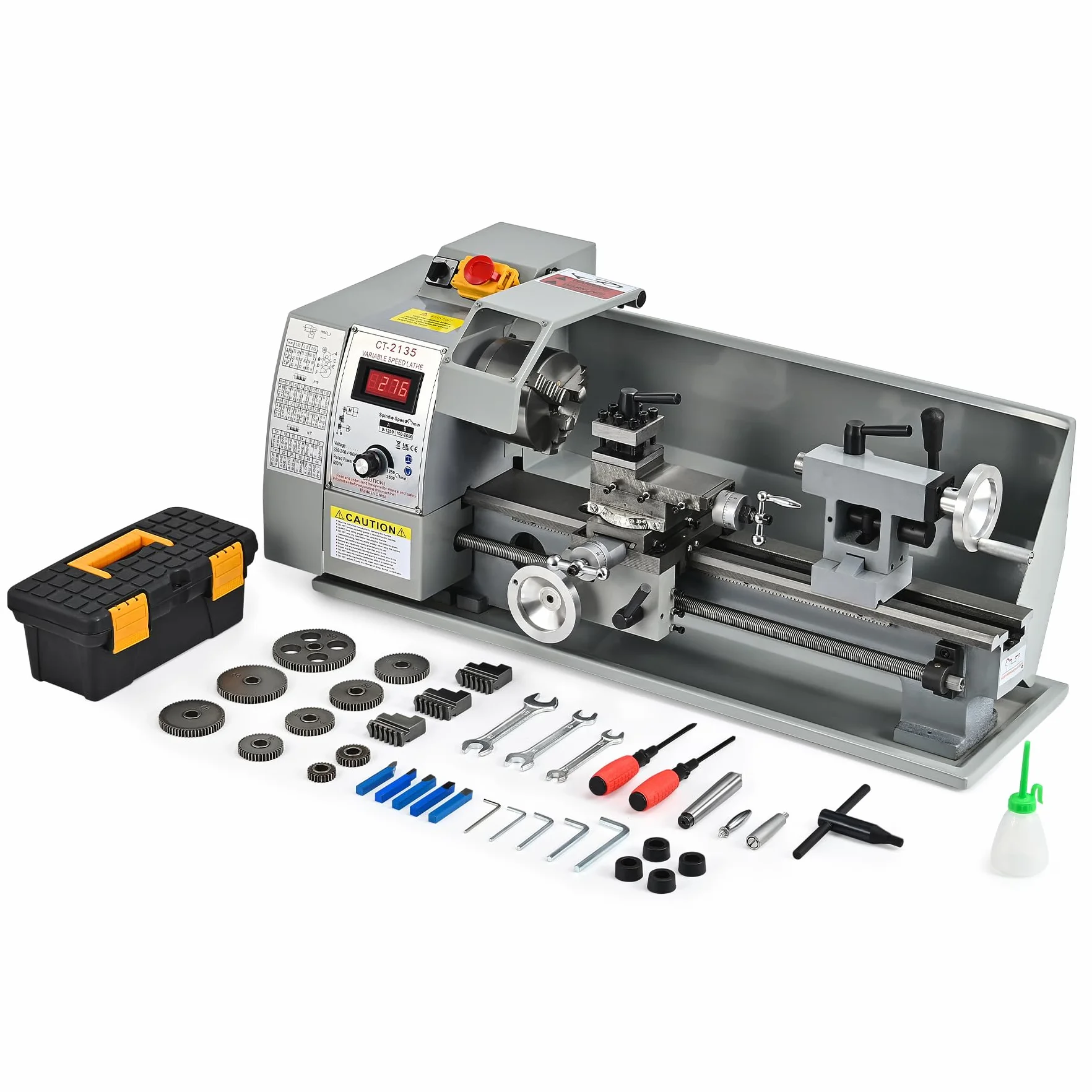 CREWORKS Mini Tornio per Metallo 210 x 350 mm 600W con Schermo Digitale per Metallo da Tavolo con Velocità Variabile 2500 giri/min per Tornitura di Metallo (210 x 350 mm)